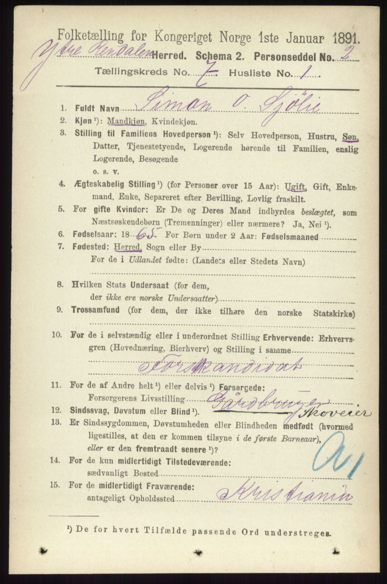 RA, 1891 census for 0432 Ytre Rendal, 1891, p. 1872