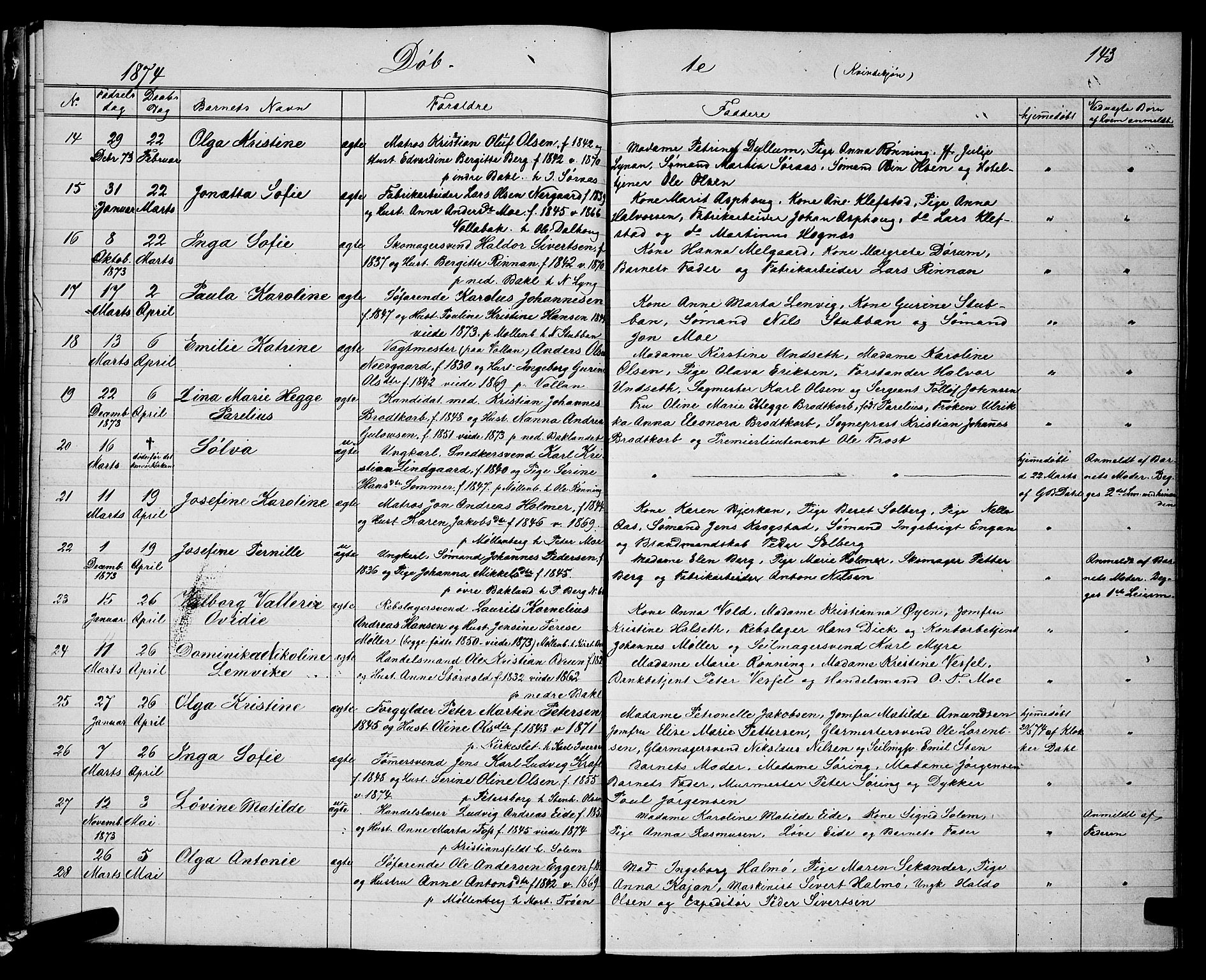 Ministerialprotokoller, klokkerbøker og fødselsregistre - Sør-Trøndelag, SAT/A-1456/604/L0220: Parish register (copy) no. 604C03, 1870-1885, p. 143