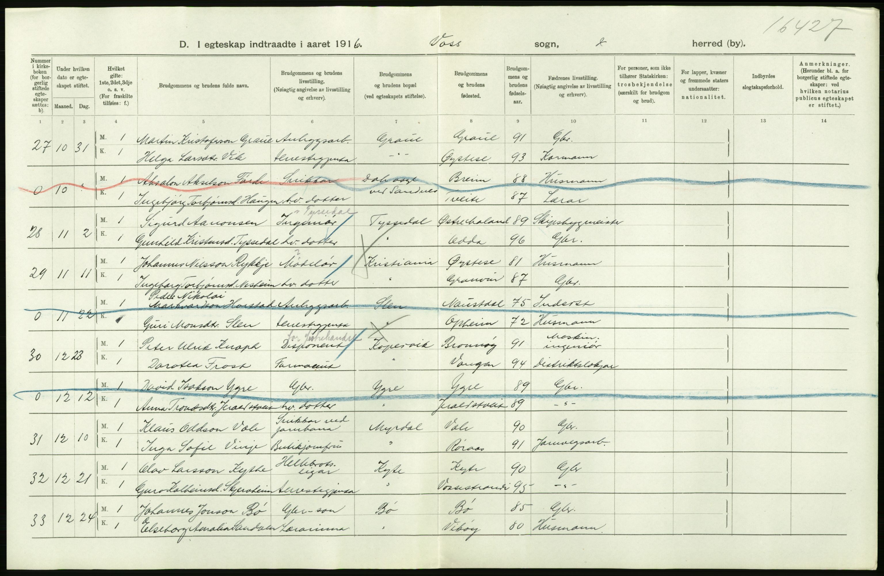 Statistisk sentralbyrå, Sosiodemografiske emner, Befolkning, AV/RA-S-2228/D/Df/Dfb/Dfbf/L0035: S. Bergenhus amt: Gifte, dødfødte. Bygder., 1916, p. 16