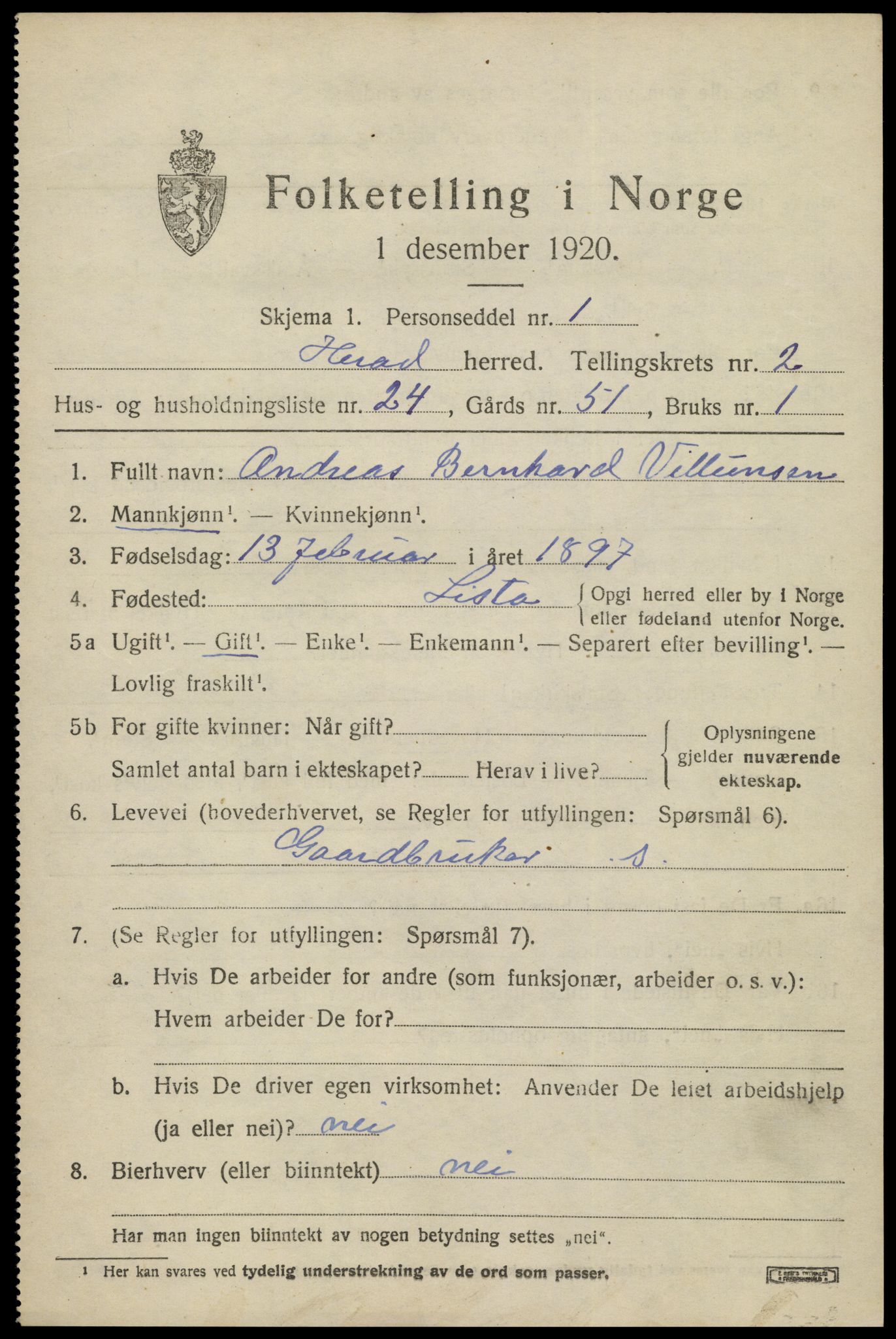 SAK, 1920 census for Herad, 1920, p. 1292