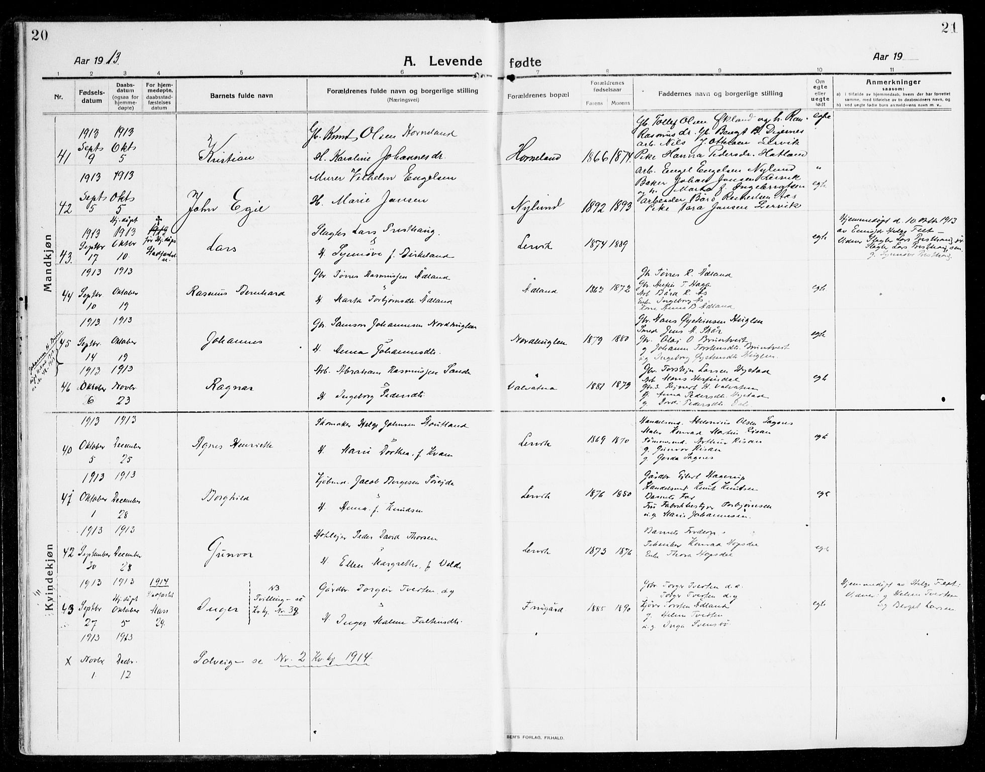 Stord sokneprestembete, SAB/A-78201/H/Haa: Parish register (official) no. B 3, 1913-1925, p. 20-21