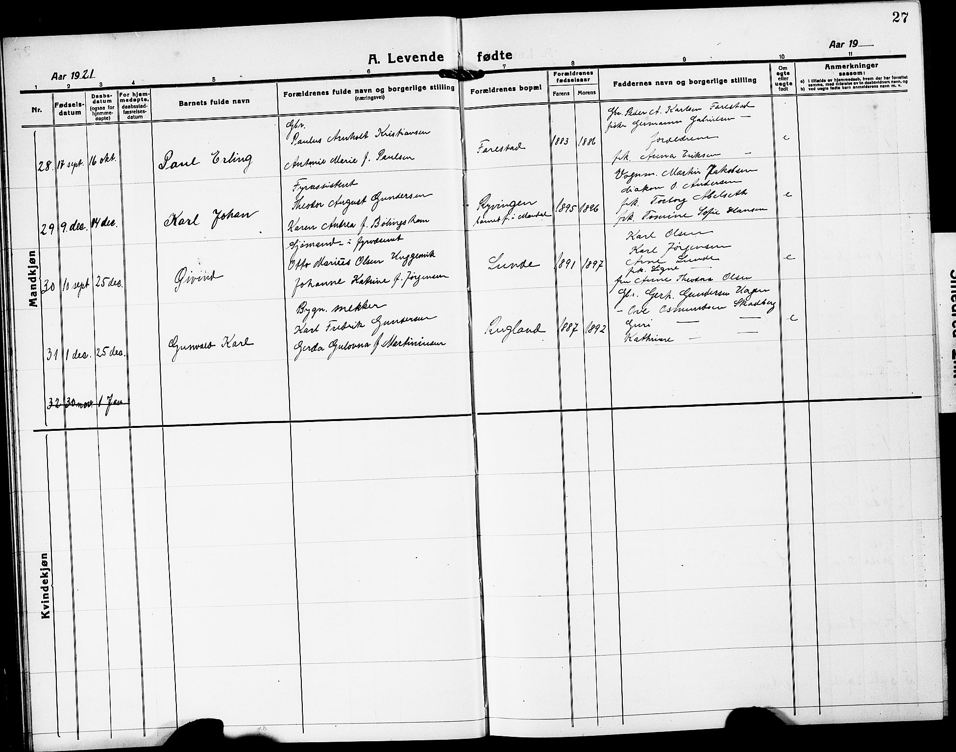 Mandal sokneprestkontor, SAK/1111-0030/F/Fb/Fba/L0013: Parish register (copy) no. B 7, 1918-1931, p. 27