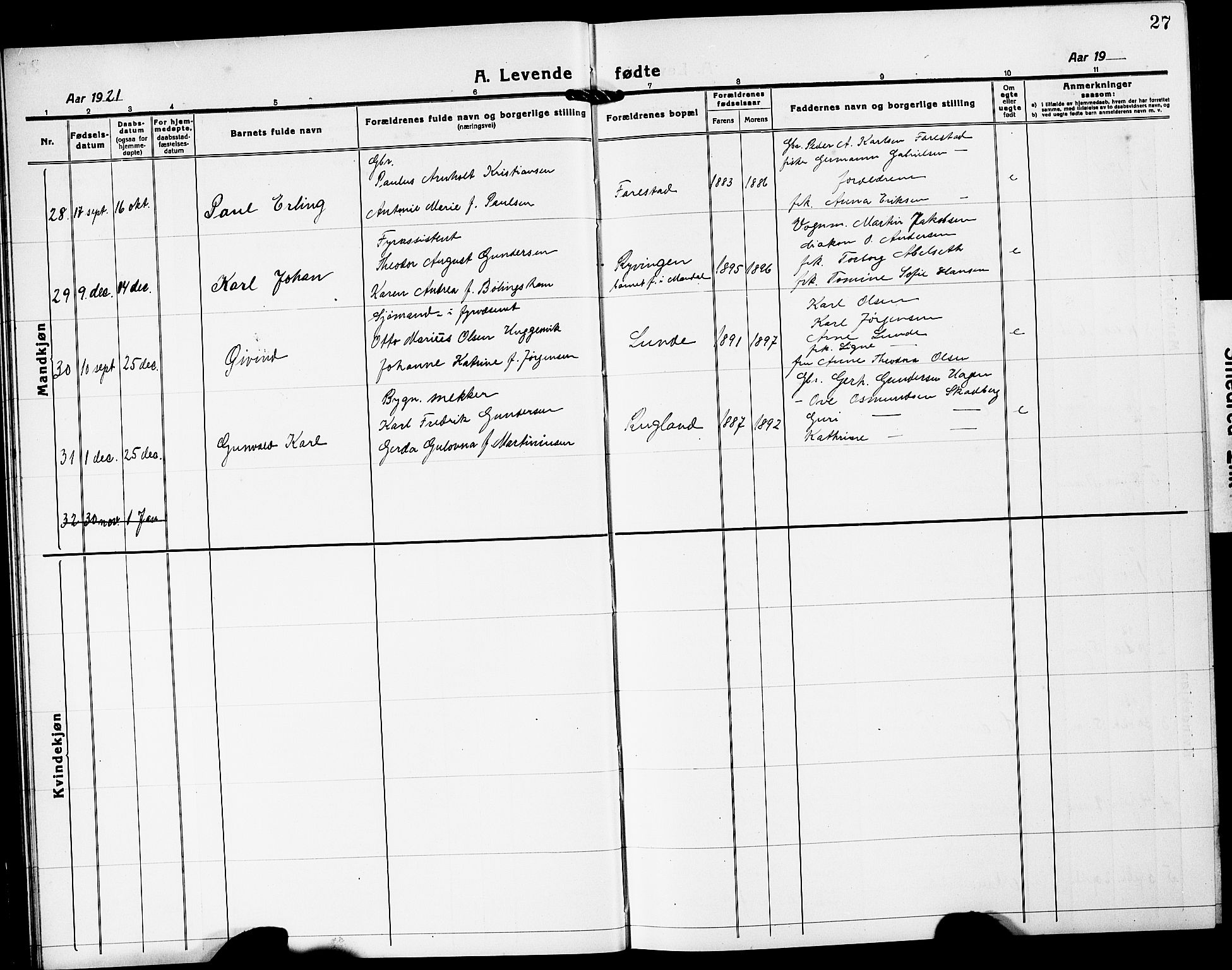 Mandal sokneprestkontor, AV/SAK-1111-0030/F/Fb/Fba/L0013: Parish register (copy) no. B 7, 1918-1931, p. 27