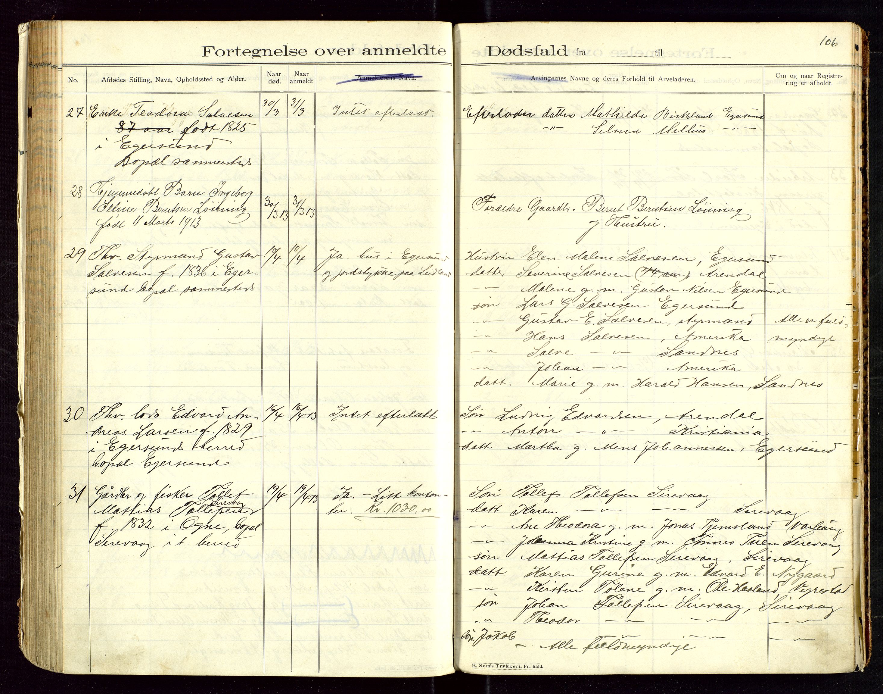 Eigersund lensmannskontor, AV/SAST-A-100171/Gga/L0005: "Dødsfalds-Protokol" m/alfabetisk navneregister, 1905-1913, p. 106