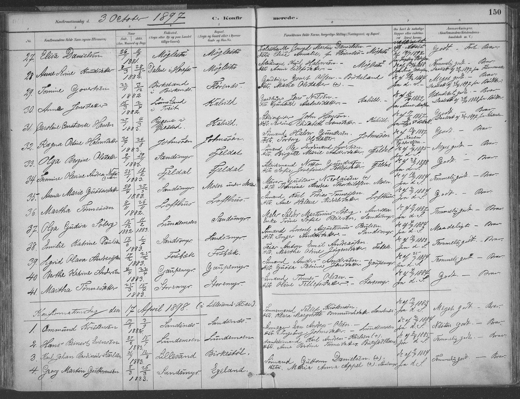 Vestre Moland sokneprestkontor, SAK/1111-0046/F/Fa/Fab/L0009: Parish register (official) no. A 9, 1884-1899, p. 150