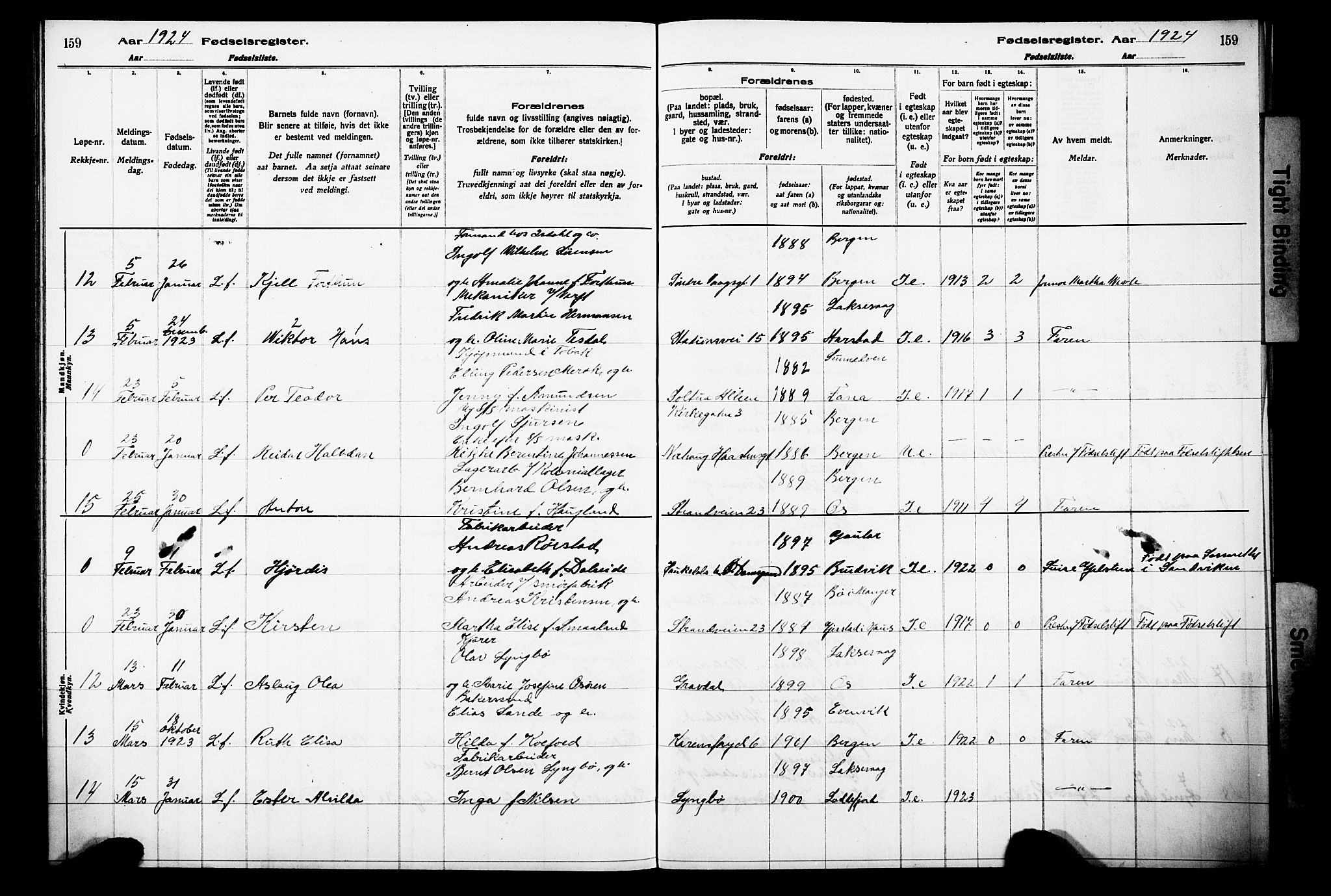 Laksevåg Sokneprestembete, AV/SAB-A-76501/I/Id/L00A1: Birth register no. A 1, 1916-1926, p. 159