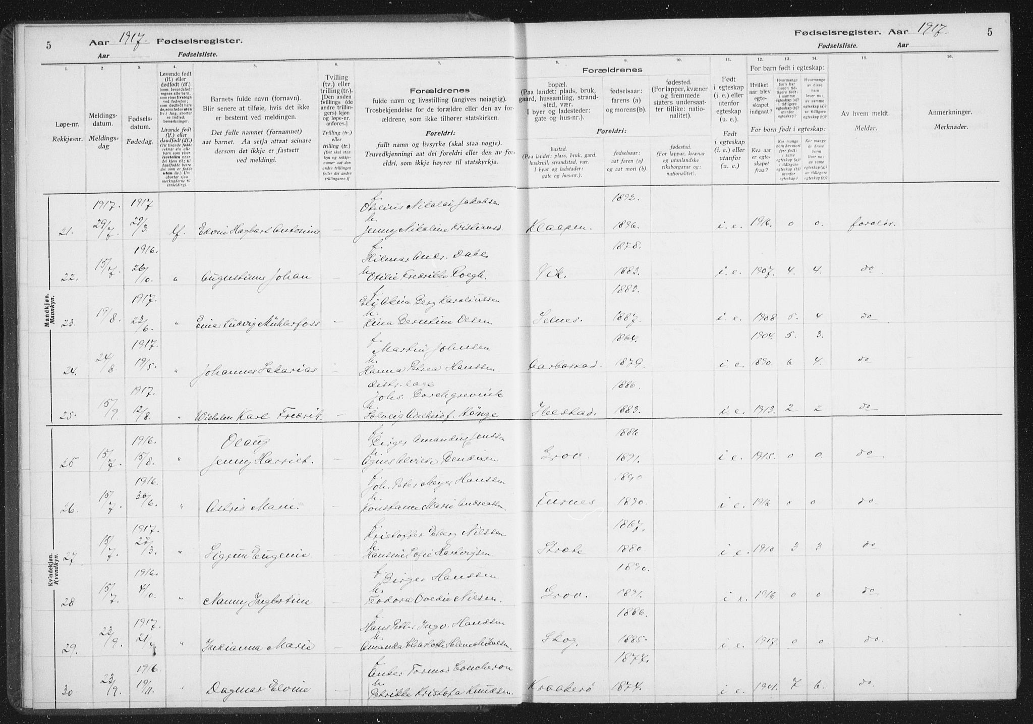 Ibestad sokneprestembete, AV/SATØ-S-0077/I/Ic/L0061: Birth register no. 61, 1917-1929, p. 5