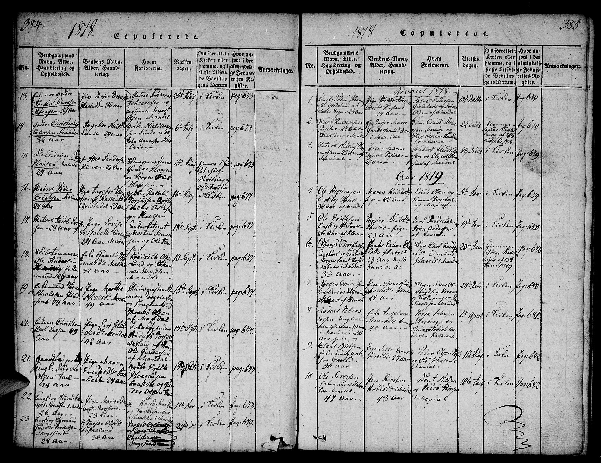 Mandal sokneprestkontor, SAK/1111-0030/F/Fa/Faa/L0010: Parish register (official) no. A 10, 1817-1830, p. 384-385