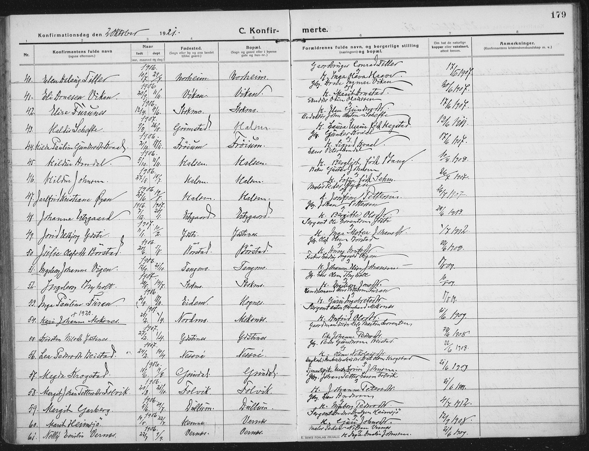 Ministerialprotokoller, klokkerbøker og fødselsregistre - Nord-Trøndelag, SAT/A-1458/709/L0083: Parish register (official) no. 709A23, 1916-1928, p. 179