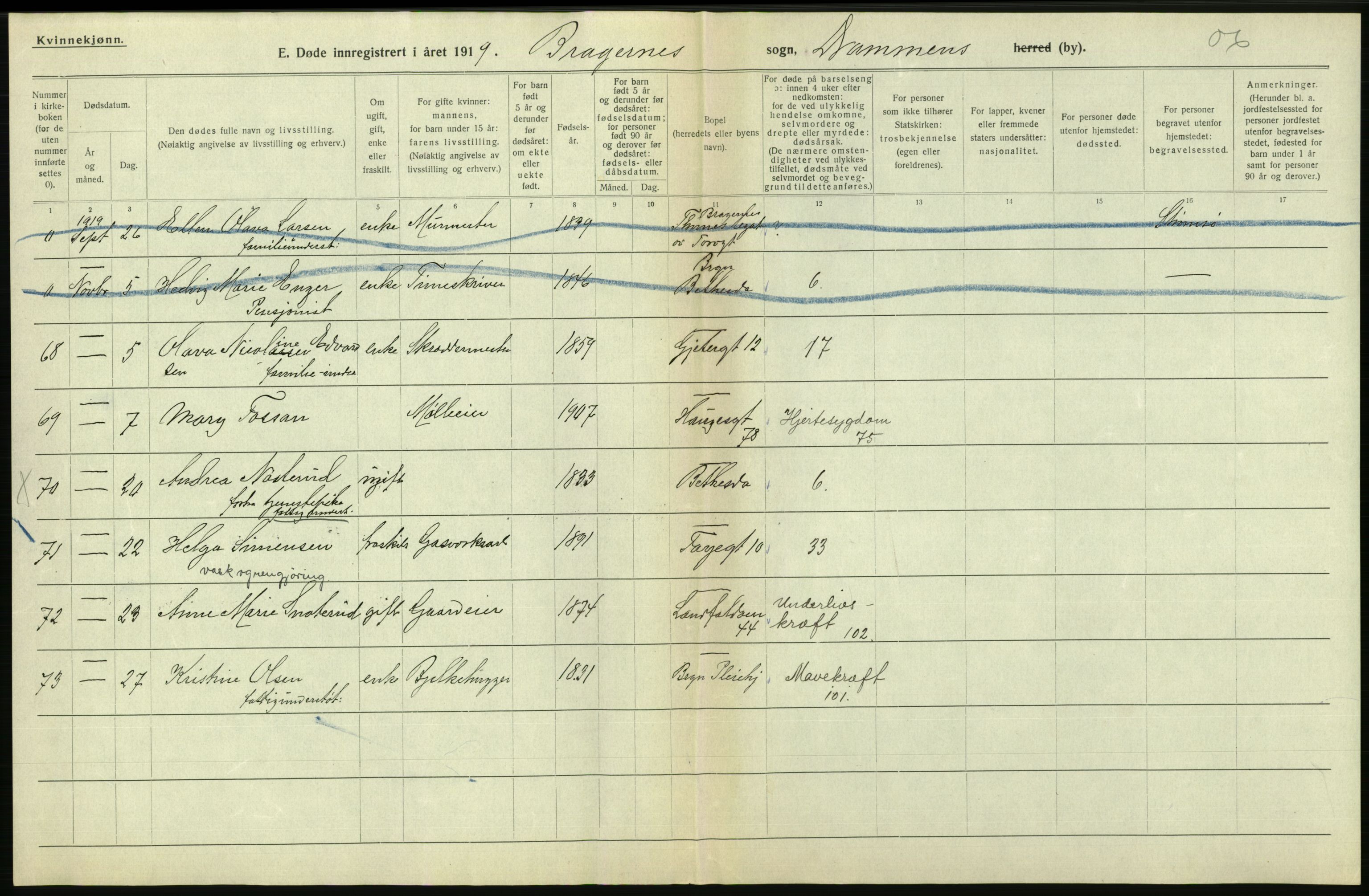 Statistisk sentralbyrå, Sosiodemografiske emner, Befolkning, AV/RA-S-2228/D/Df/Dfb/Dfbi/L0018: Buskerud fylke: Døde. Bygder og byer., 1919, p. 458