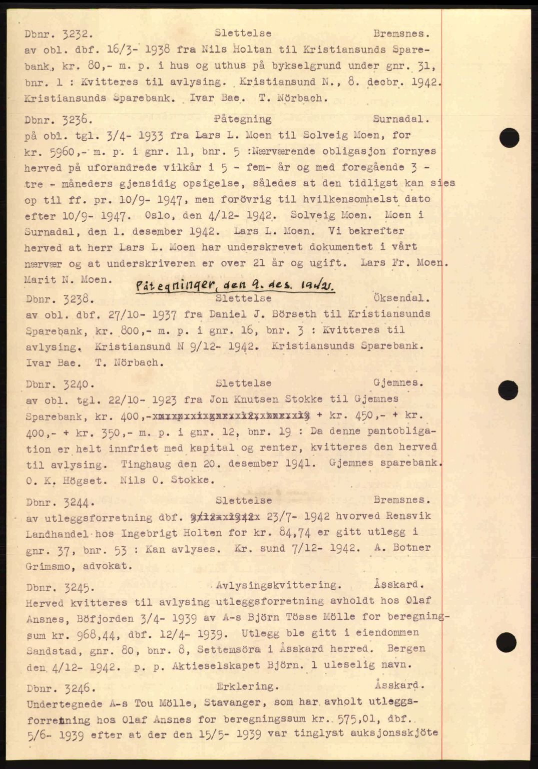 Nordmøre sorenskriveri, AV/SAT-A-4132/1/2/2Ca: Mortgage book no. C81, 1940-1945, Diary no: : 3232/1942