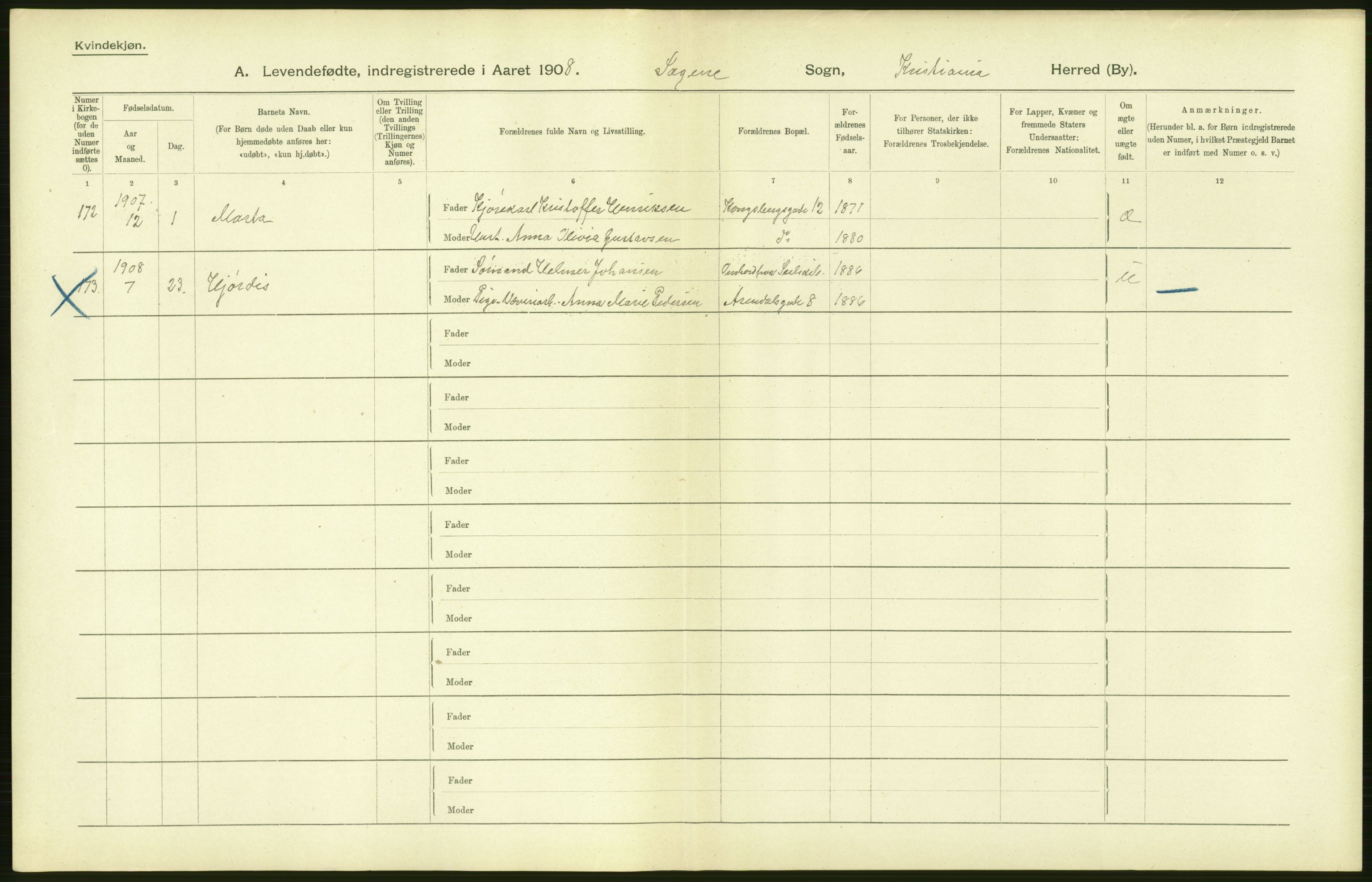 Statistisk sentralbyrå, Sosiodemografiske emner, Befolkning, AV/RA-S-2228/D/Df/Dfa/Dfaf/L0006: Kristiania: Levendefødte menn og kvinner., 1908, p. 150