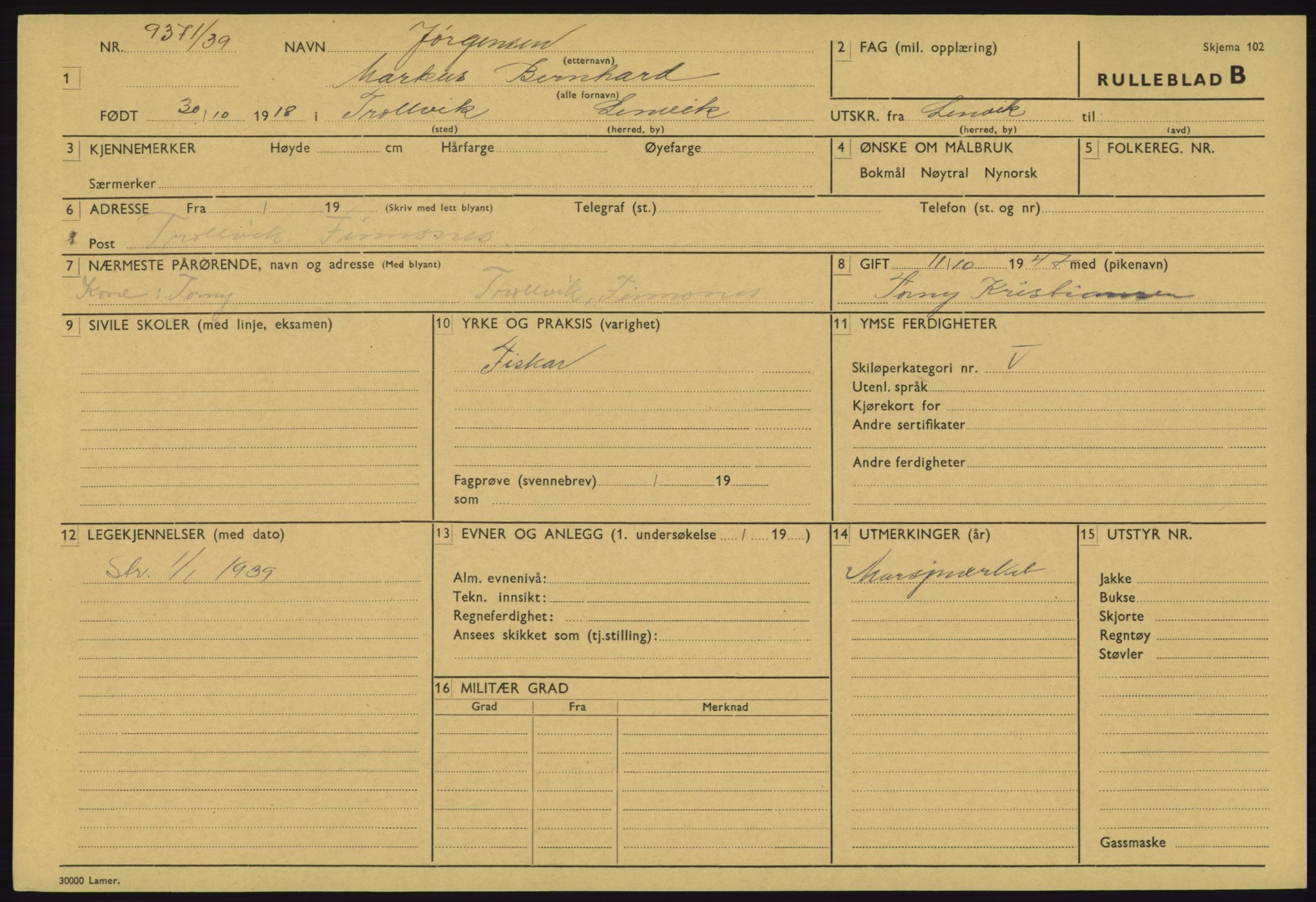 Forsvaret, Troms infanteriregiment nr. 16, AV/RA-RAFA-3146/P/Pa/L0023: Rulleblad for regimentets menige mannskaper, årsklasse 1939, 1939, p. 719