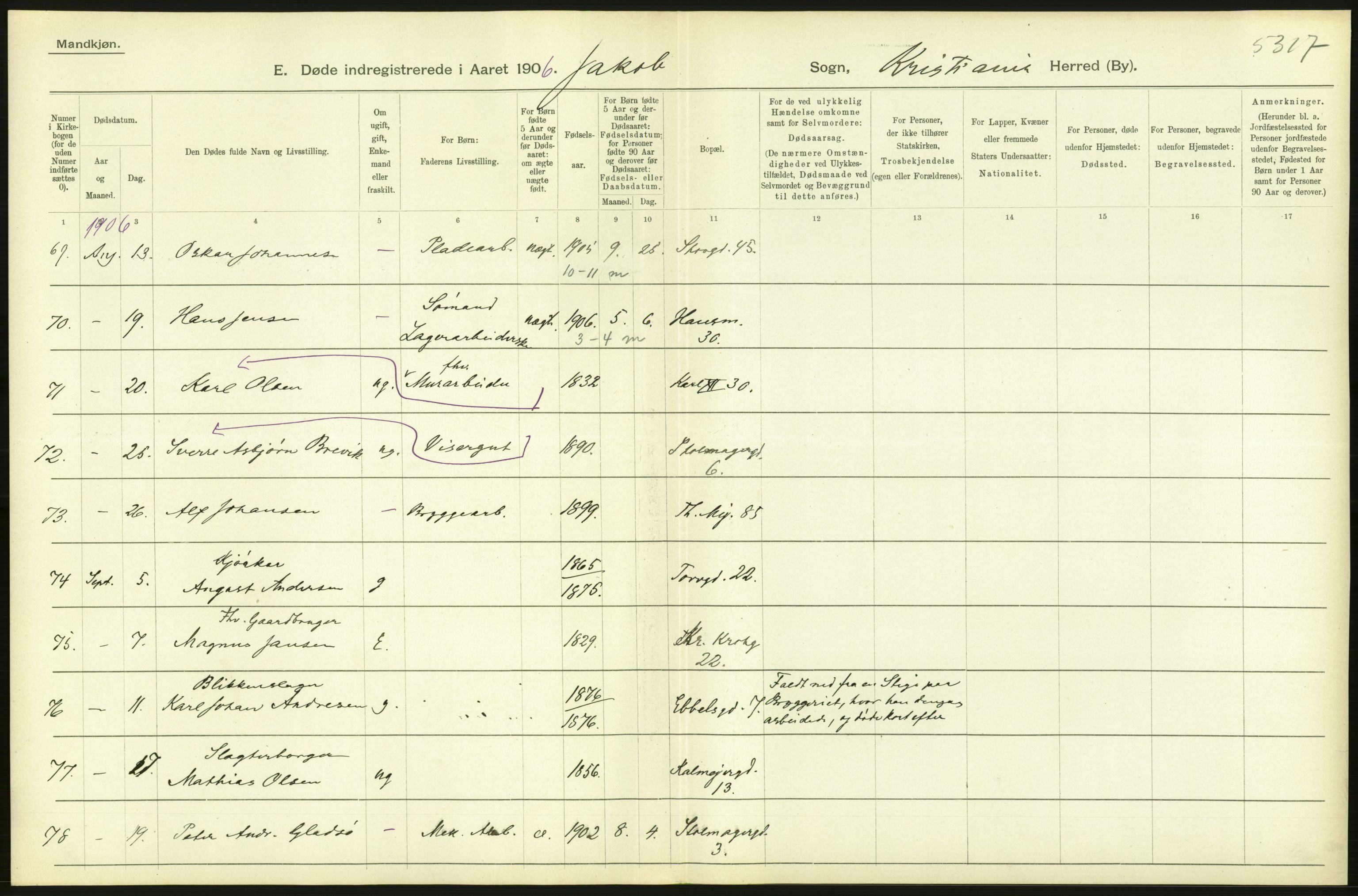 Statistisk sentralbyrå, Sosiodemografiske emner, Befolkning, AV/RA-S-2228/D/Df/Dfa/Dfad/L0009: Kristiania: Døde, 1906, p. 100