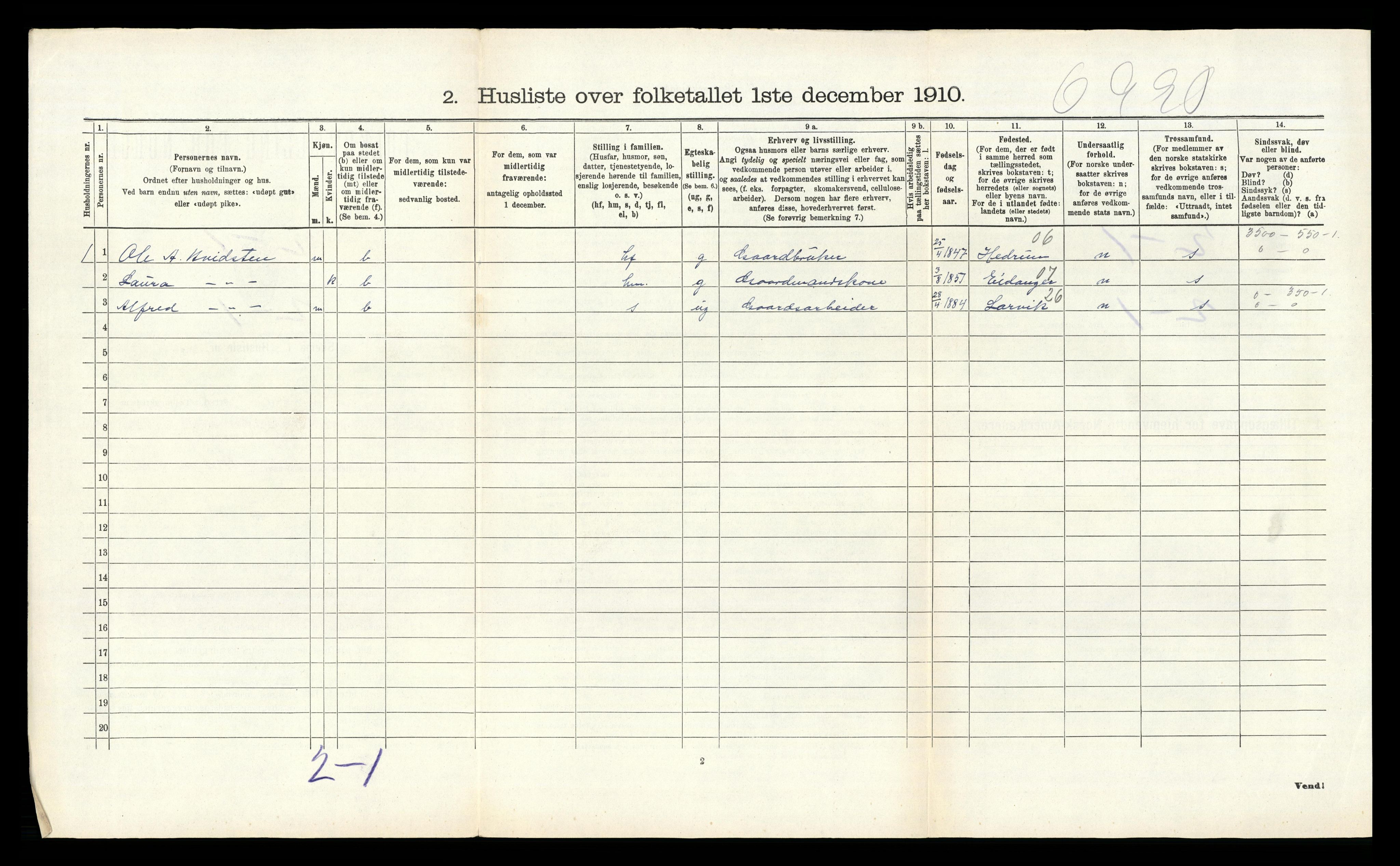 RA, 1910 census for Borre, 1910, p. 610