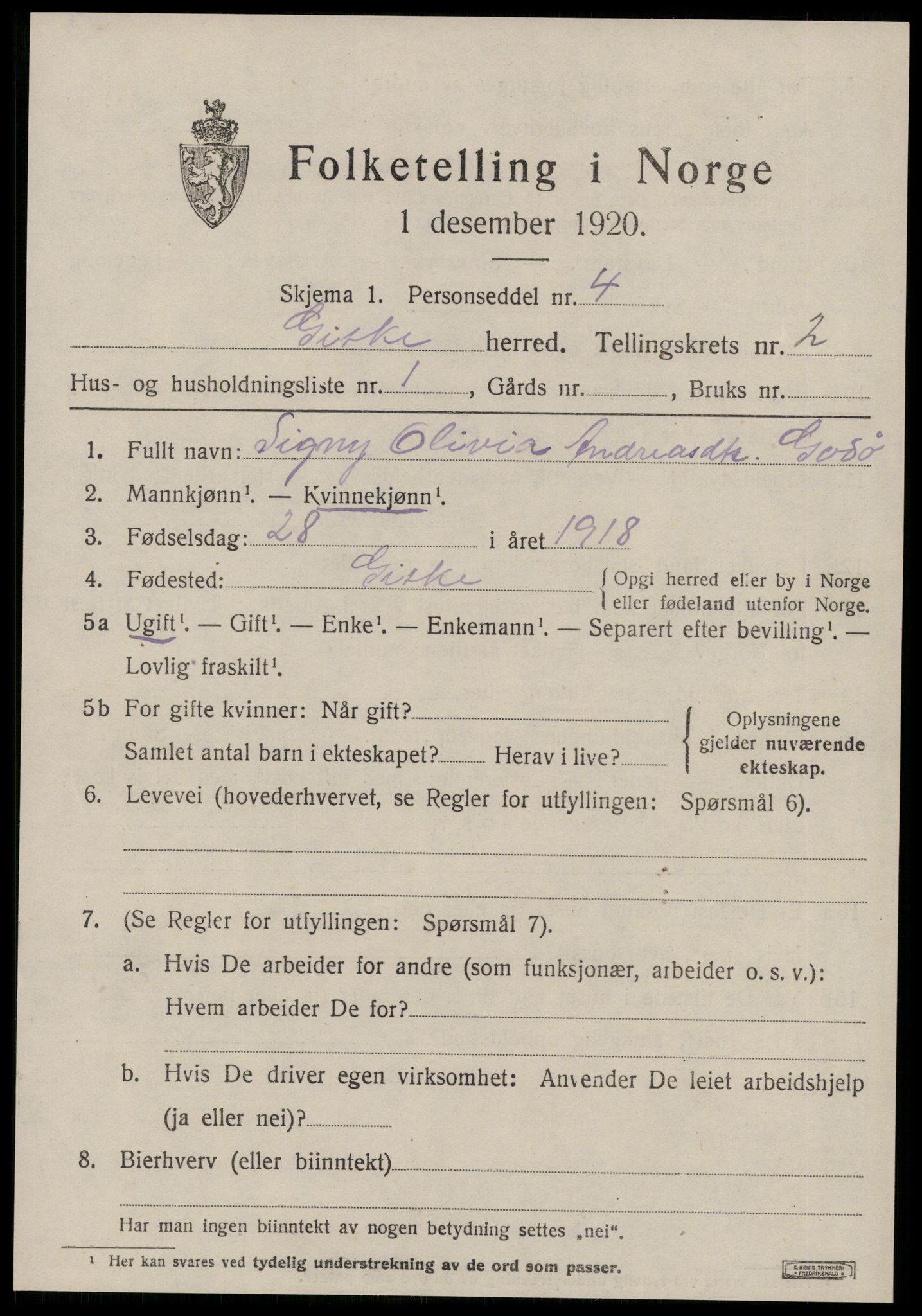 SAT, 1920 census for Giske, 1920, p. 868