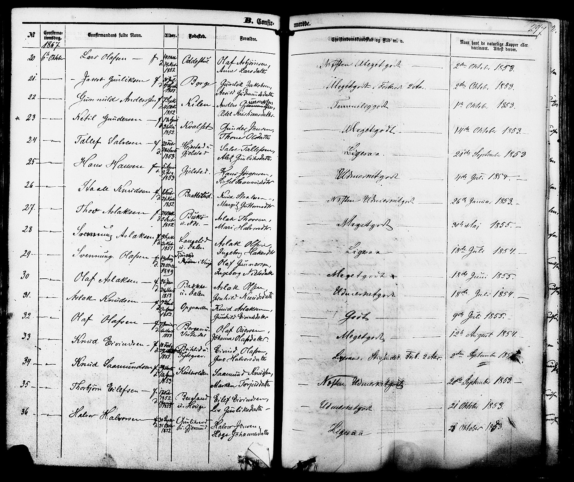 Kviteseid kirkebøker, AV/SAKO-A-276/F/Fa/L0007: Parish register (official) no. I 7, 1859-1881, p. 297