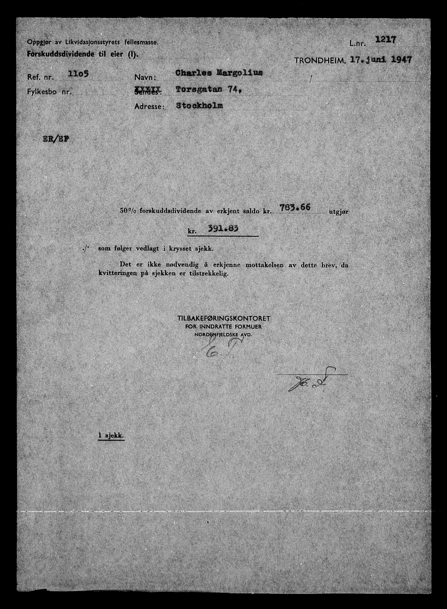 Justisdepartementet, Tilbakeføringskontoret for inndratte formuer, AV/RA-S-1564/H/Hc/Hca/L0903: --, 1945-1947, p. 578