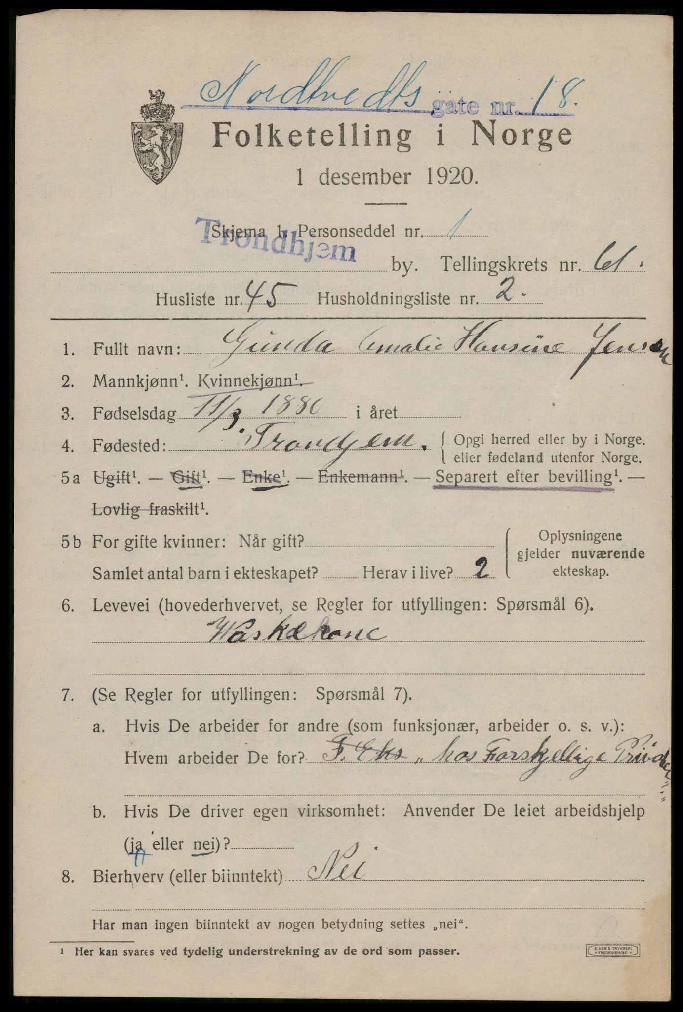 SAT, 1920 census for Trondheim, 1920, p. 123710