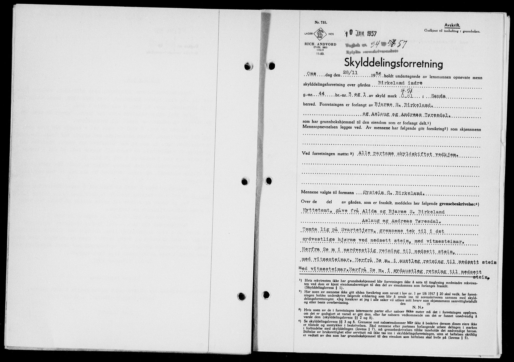 Ryfylke tingrett, AV/SAST-A-100055/001/II/IIB/L0135: Mortgage book no. 114, 1956-1957, Diary no: : 34/1957