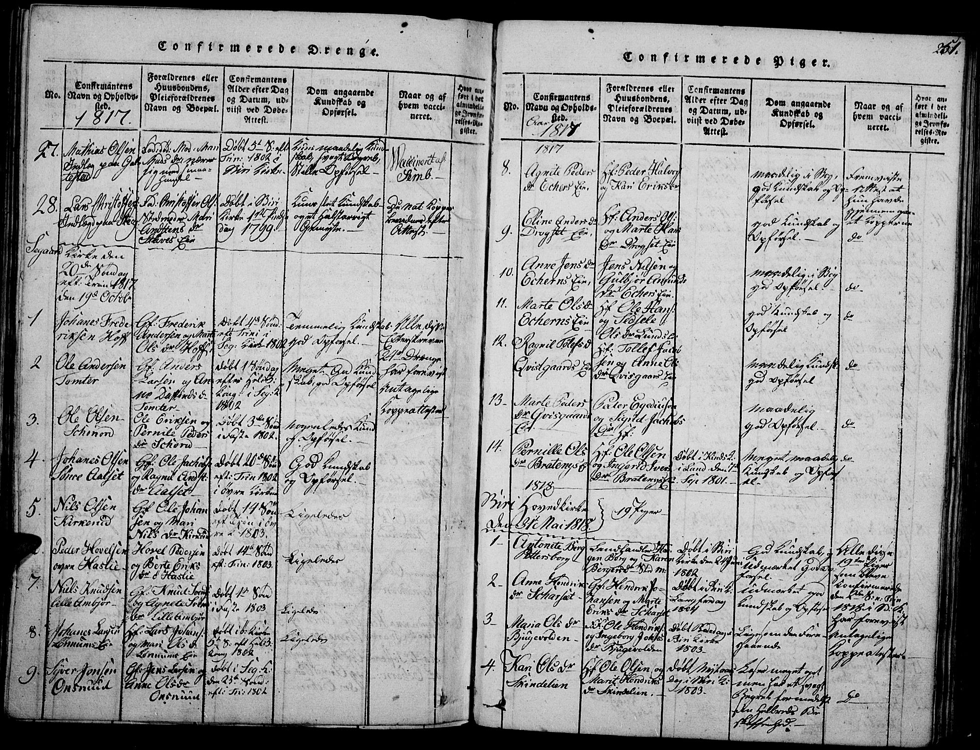 Biri prestekontor, SAH/PREST-096/H/Ha/Haa/L0003: Parish register (official) no. 3, 1814-1828, p. 251