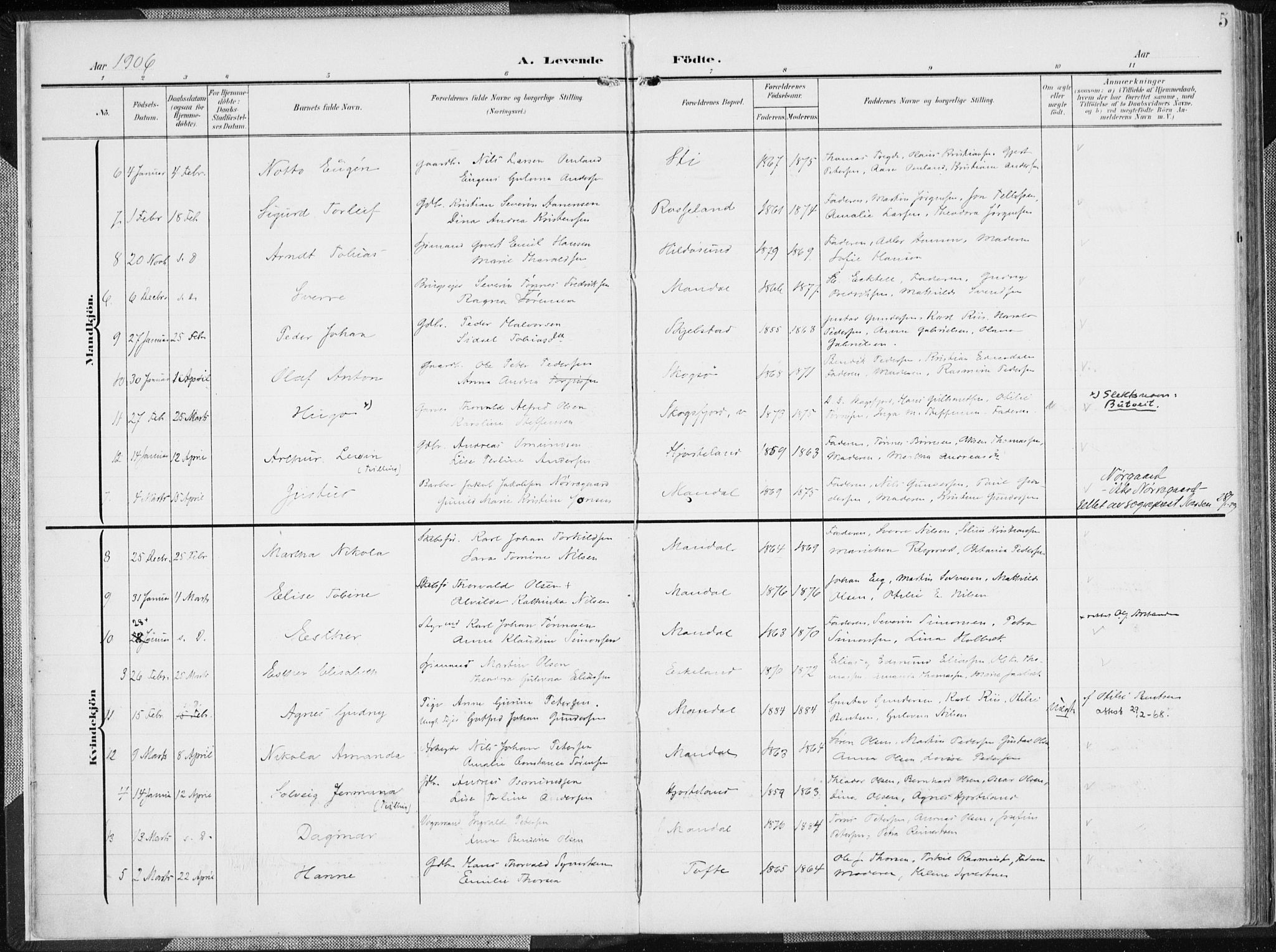 Mandal sokneprestkontor, SAK/1111-0030/F/Fa/Faa/L0020: Parish register (official) no. A 20, 1906-1912, p. 5