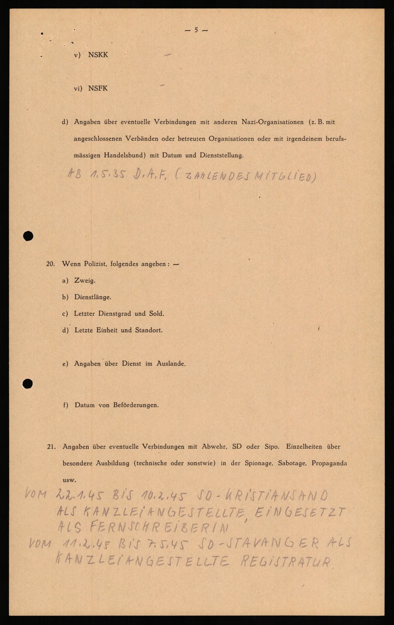 Forsvaret, Forsvarets overkommando II, RA/RAFA-3915/D/Db/L0020: CI Questionaires. Tyske okkupasjonsstyrker i Norge. Tyskere., 1945-1946, p. 275