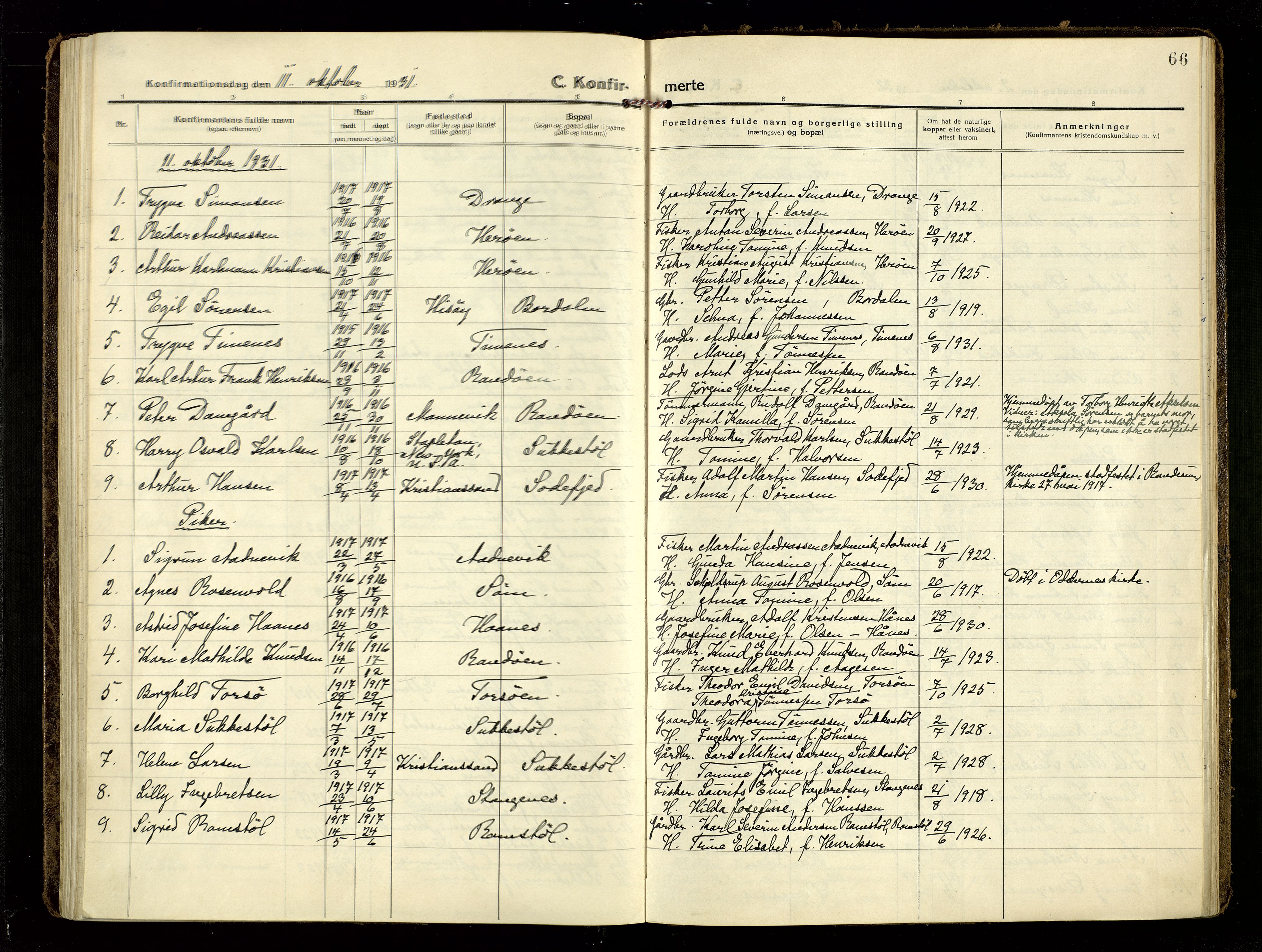 Oddernes sokneprestkontor, SAK/1111-0033/F/Fa/Fab/L0004: Parish register (official) no. A 4, 1916-1935, p. 66