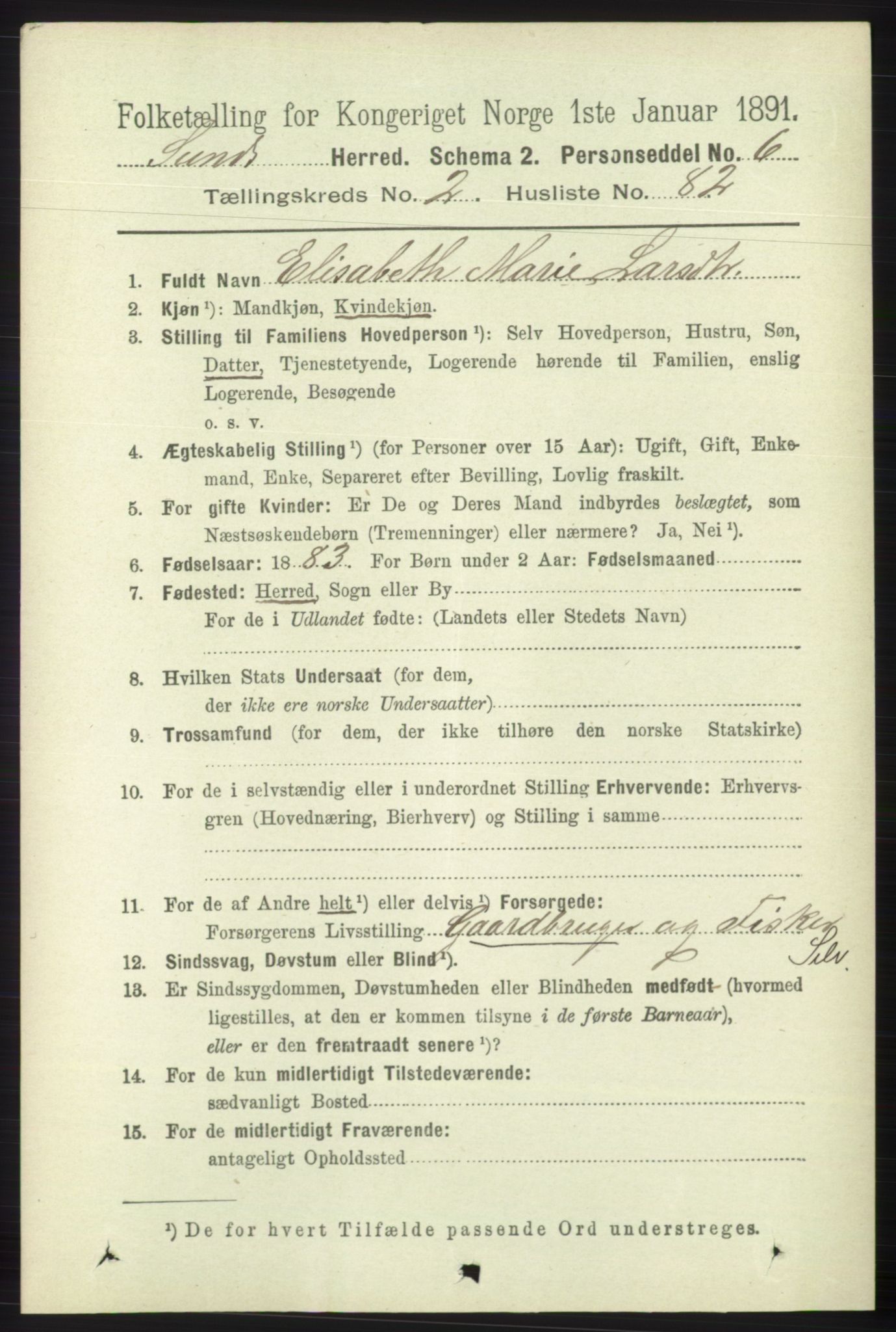 RA, 1891 census for 1245 Sund, 1891, p. 1124