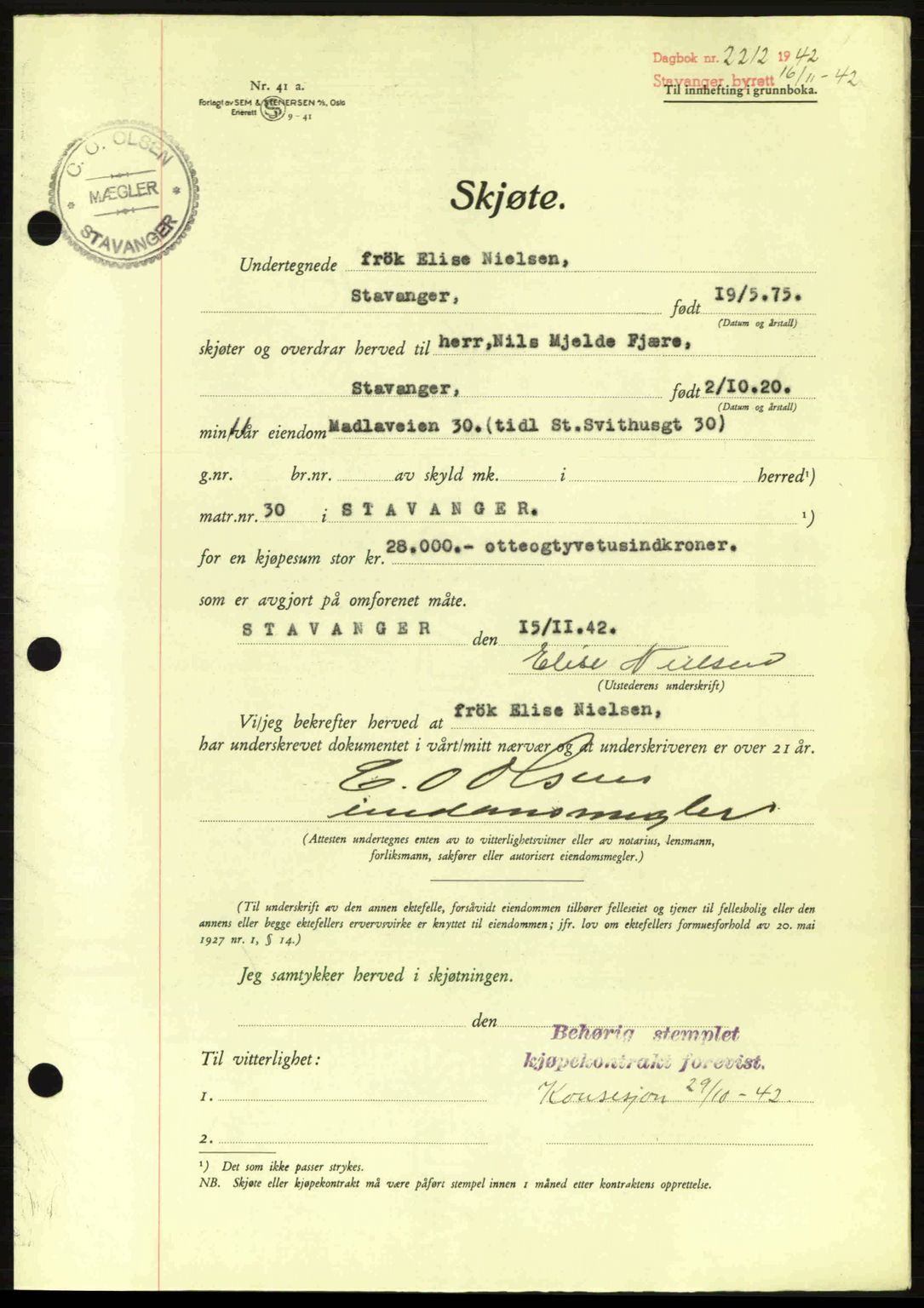 Stavanger byrett, SAST/A-100455/002/G/Gb/L0017: Mortgage book no. A7, 1941-1943, Diary no: : 2212/1942