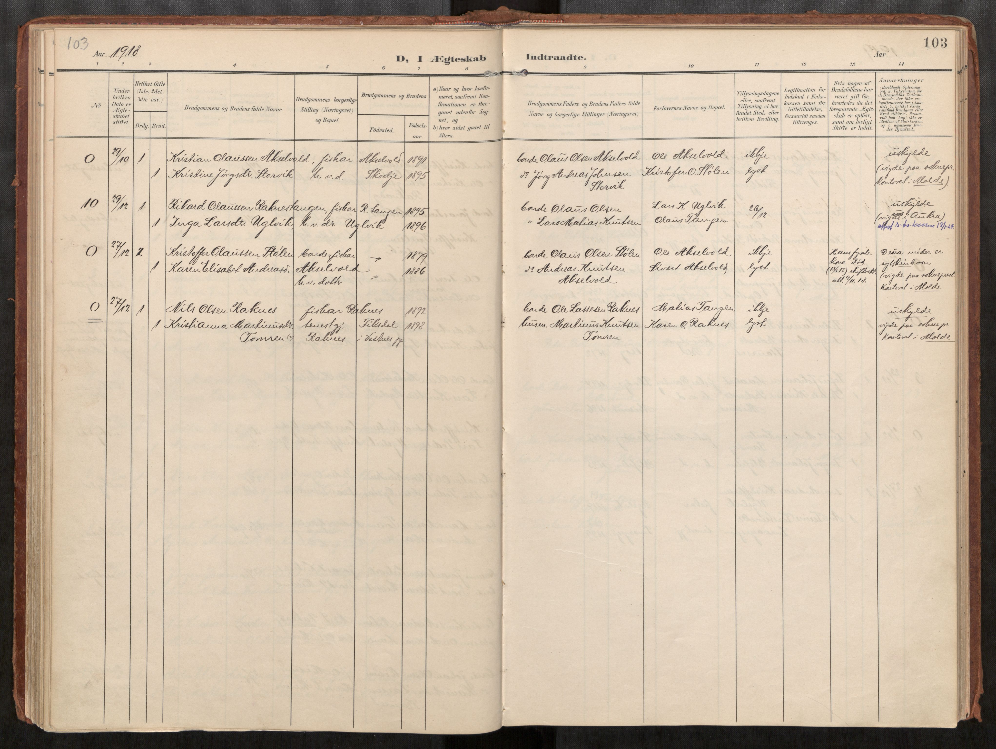 Ministerialprotokoller, klokkerbøker og fødselsregistre - Møre og Romsdal, AV/SAT-A-1454/563/L0740: Parish register (official) no. 563A02, 1903-1923, p. 103