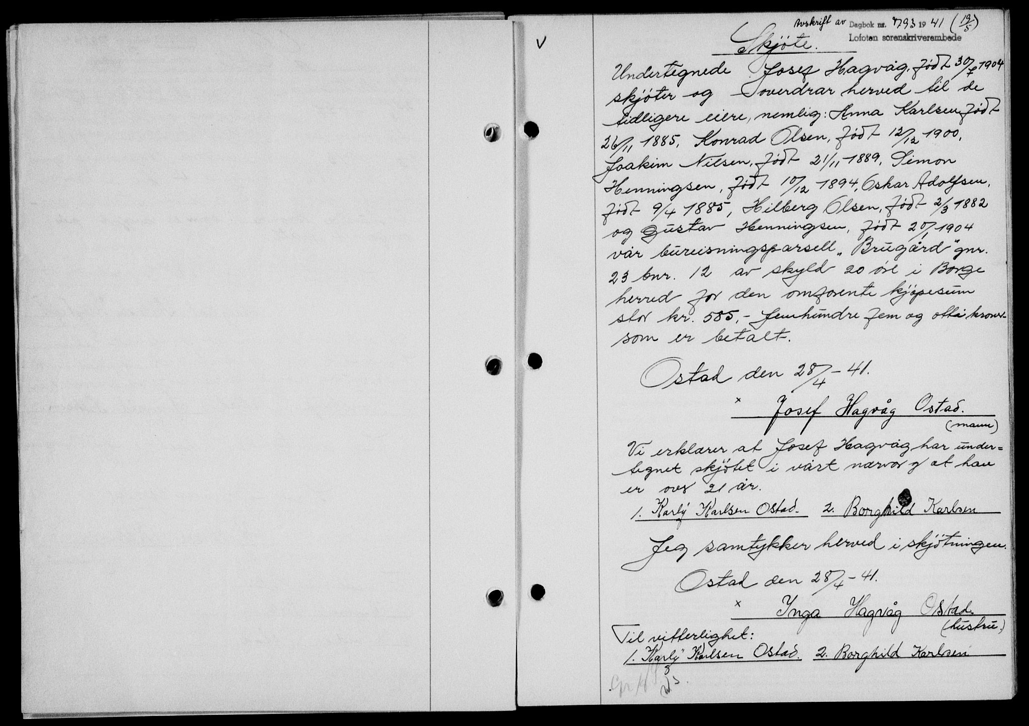 Lofoten sorenskriveri, SAT/A-0017/1/2/2C/L0008a: Mortgage book no. 8a, 1940-1941, Diary no: : 793/1941