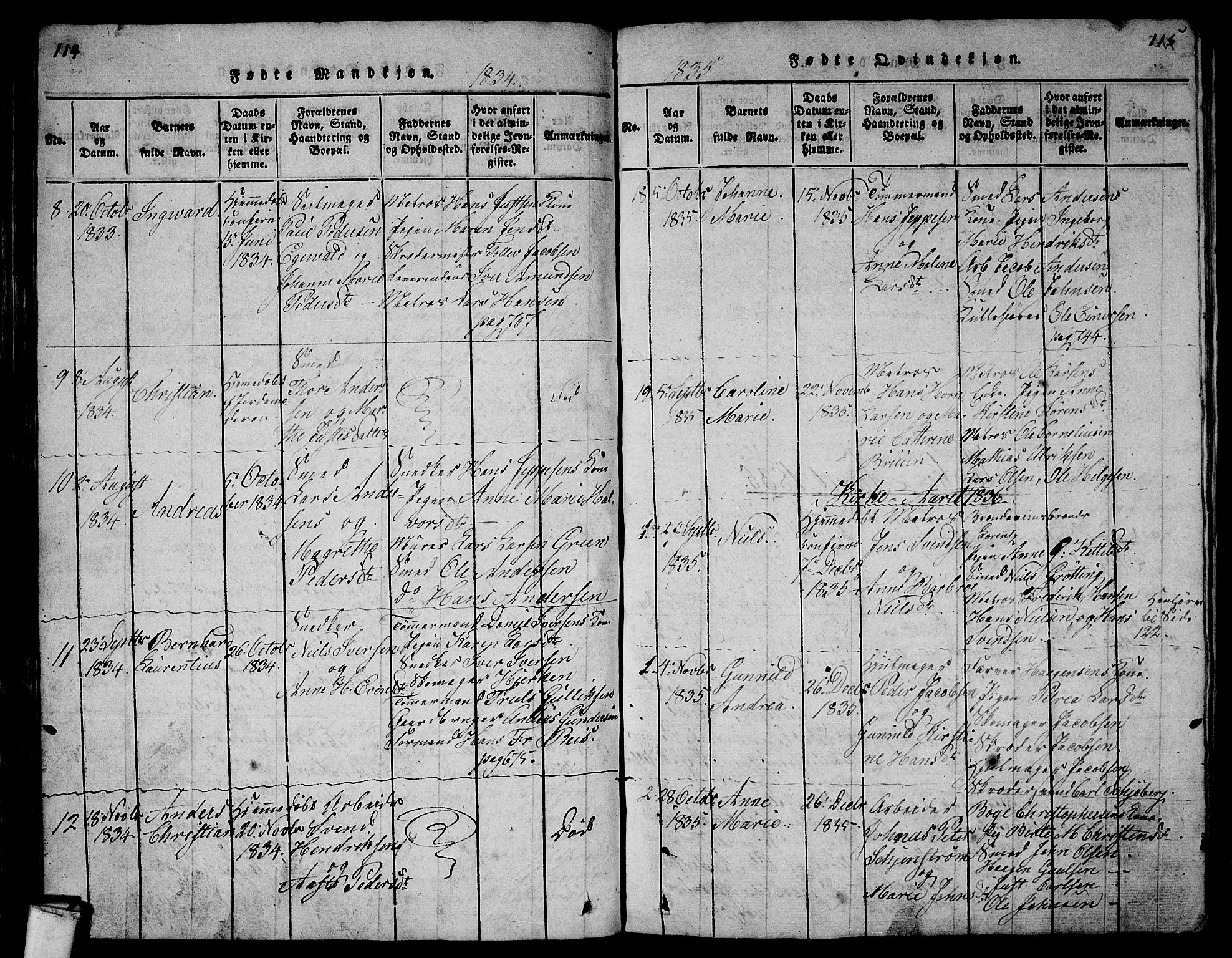 Larvik kirkebøker, AV/SAKO-A-352/G/Gb/L0001: Parish register (copy) no. II 1, 1818-1843, p. 114-115