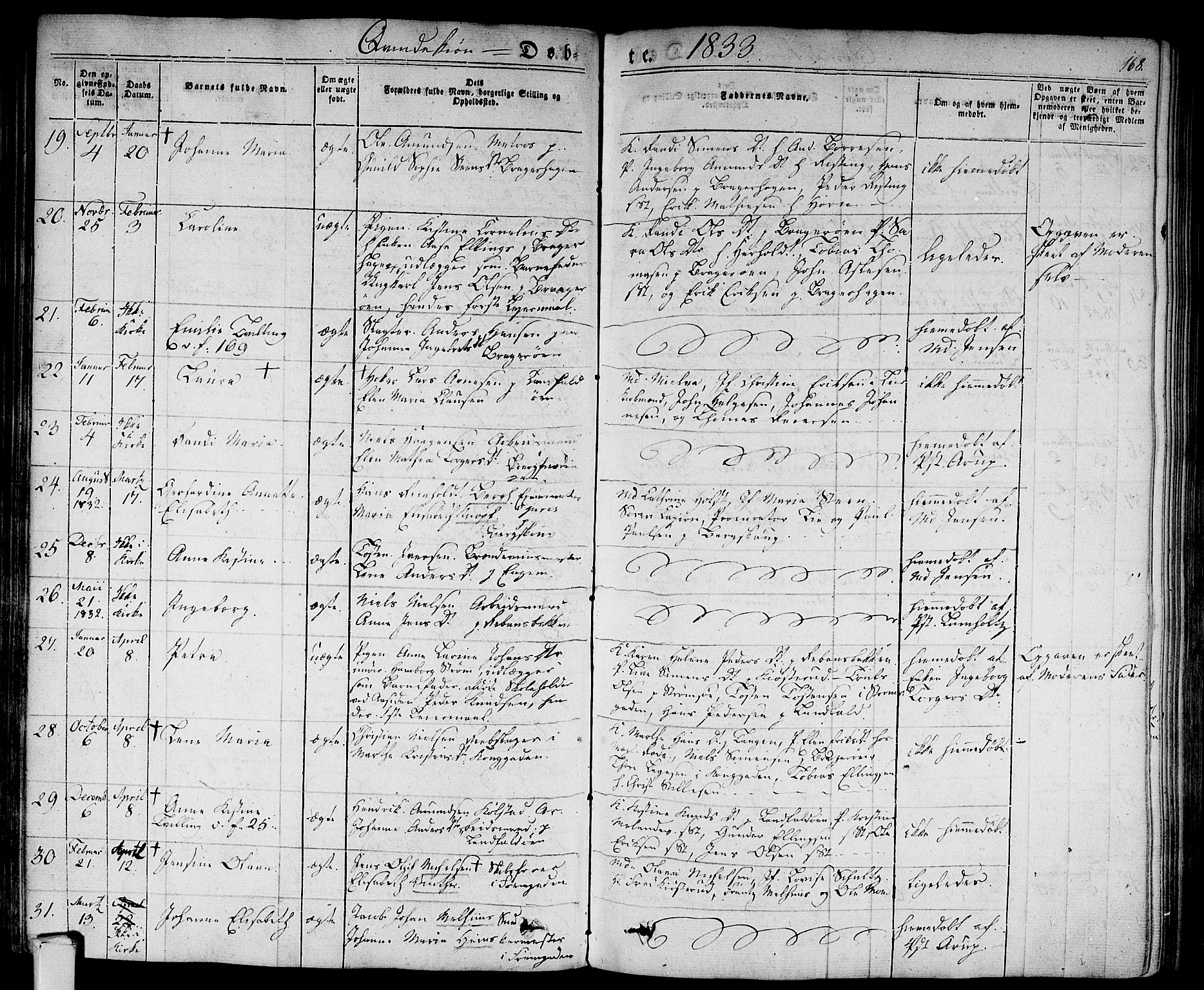 Bragernes kirkebøker, AV/SAKO-A-6/F/Fb/L0001: Parish register (official) no. II 1, 1830-1847, p. 168