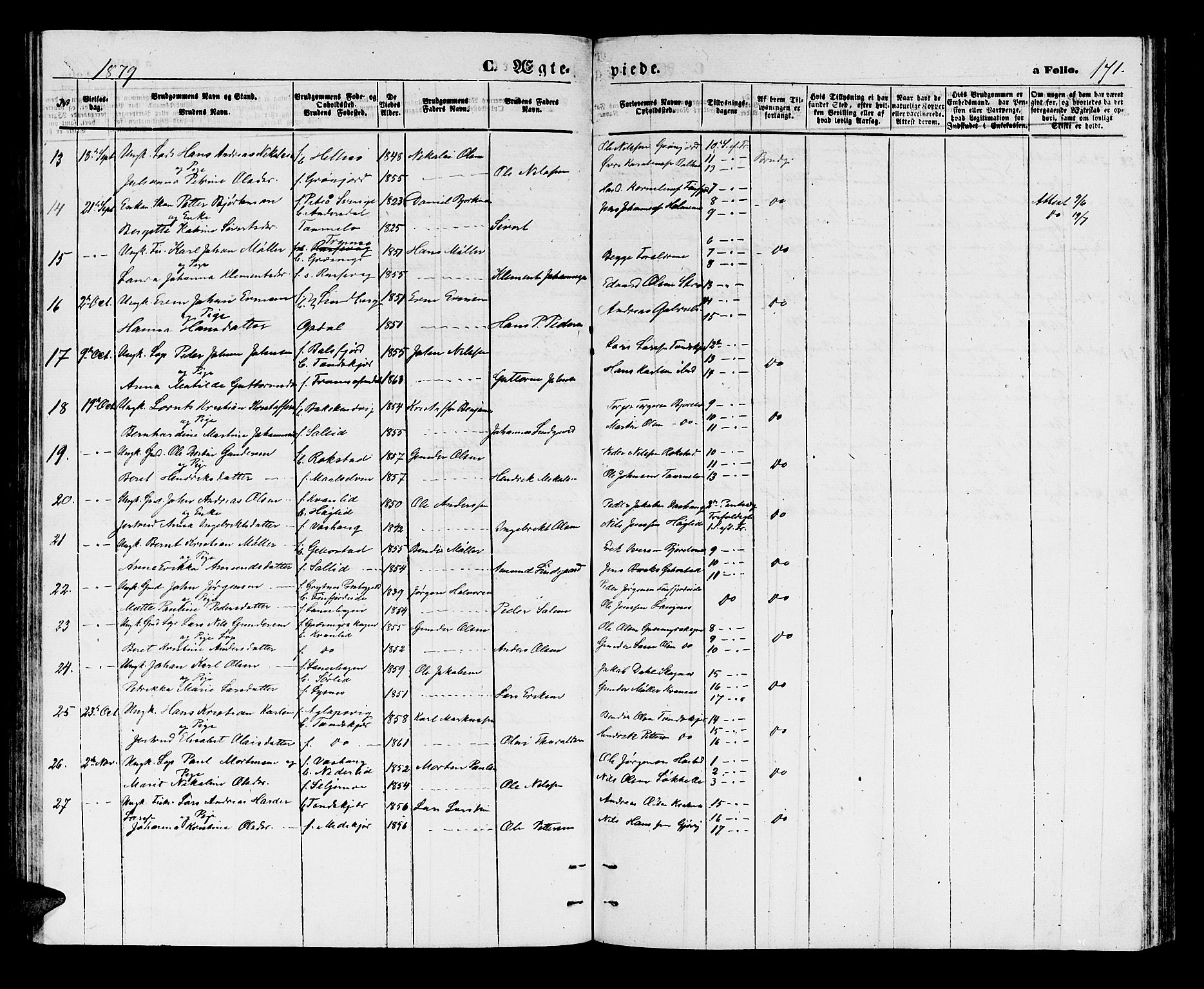 Lenvik sokneprestembete, AV/SATØ-S-1310/H/Ha/Hab/L0005klokker: Parish register (copy) no. 5, 1870-1880, p. 171