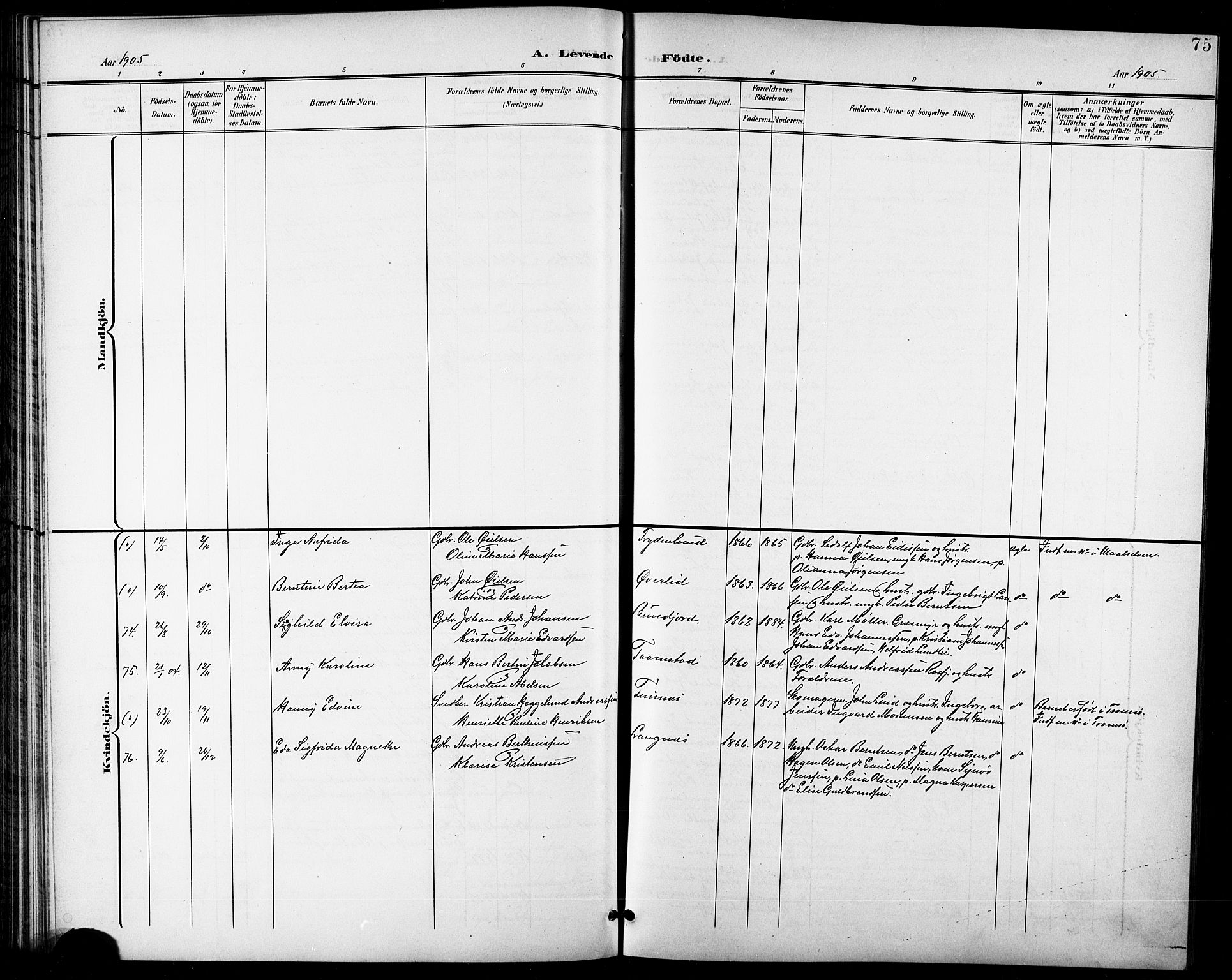 Lenvik sokneprestembete, AV/SATØ-S-1310/H/Ha/Hab/L0008klokker: Parish register (copy) no. 8, 1899-1911, p. 75