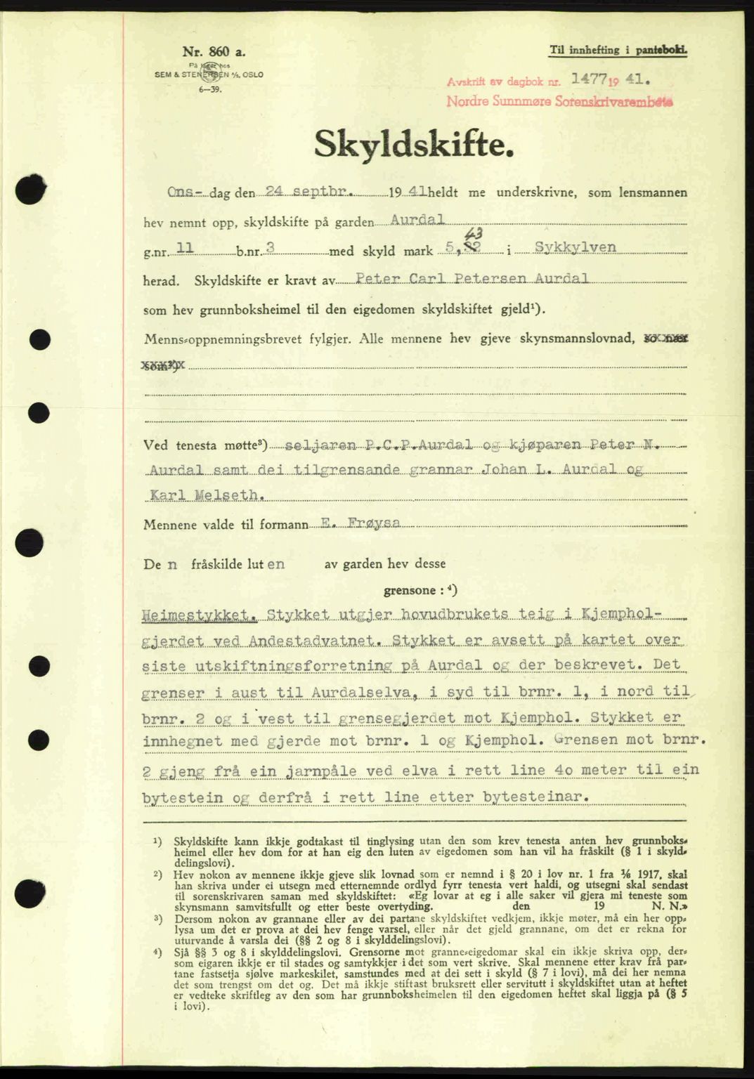 Nordre Sunnmøre sorenskriveri, AV/SAT-A-0006/1/2/2C/2Ca: Mortgage book no. A11, 1941-1941, Diary no: : 1477/1941