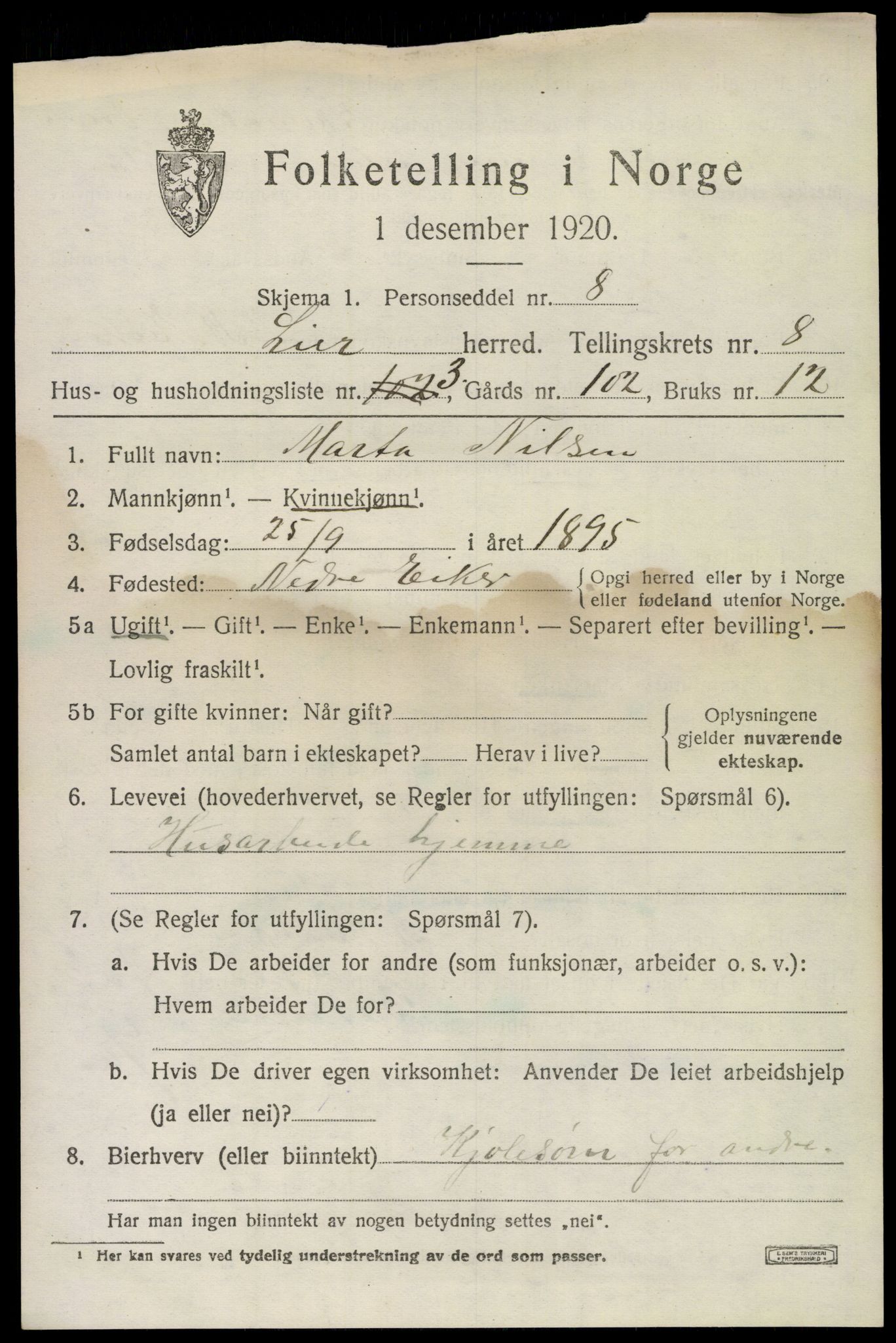 SAKO, 1920 census for Lier, 1920, p. 13738