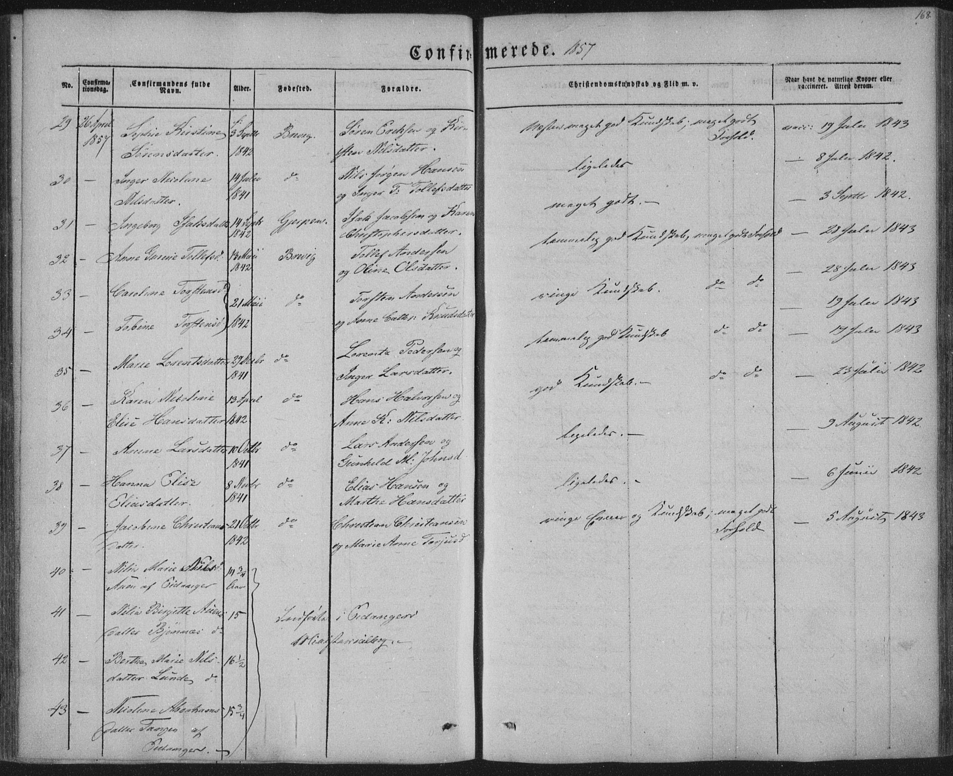 Brevik kirkebøker, SAKO/A-255/F/Fa/L0005: Parish register (official) no. 5, 1847-1865, p. 168