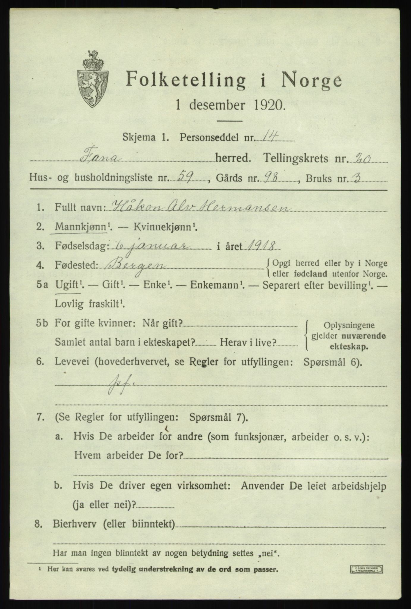 SAB, 1920 census for Fana, 1920, p. 24709