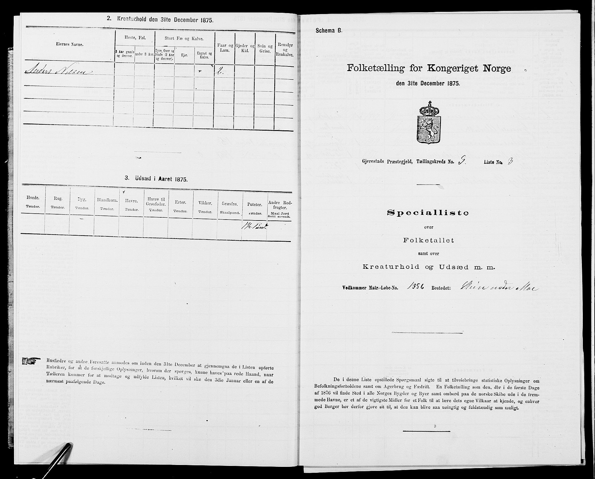 SAK, 1875 census for 0911P Gjerstad, 1875, p. 284