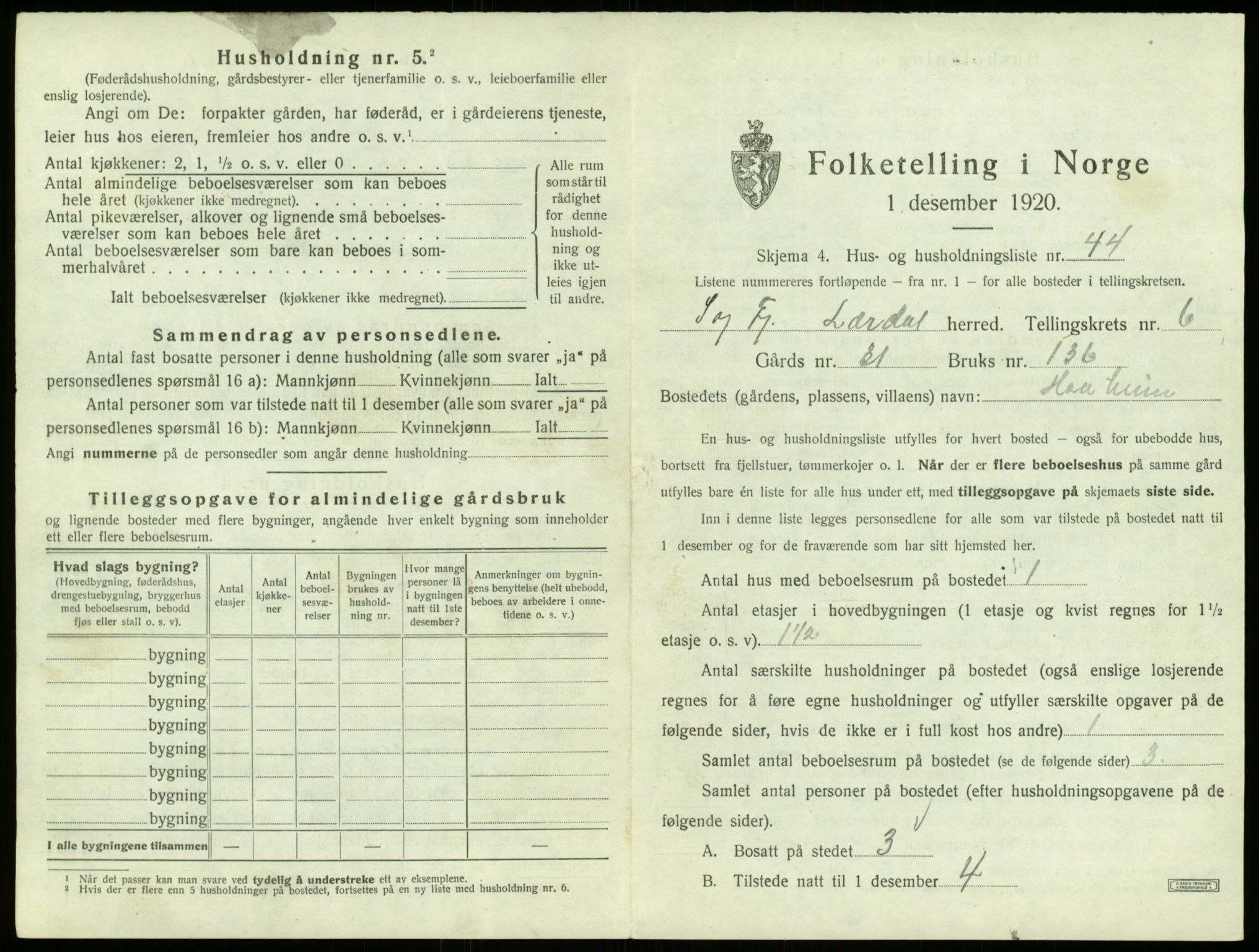 SAB, 1920 census for Lærdal, 1920, p. 508