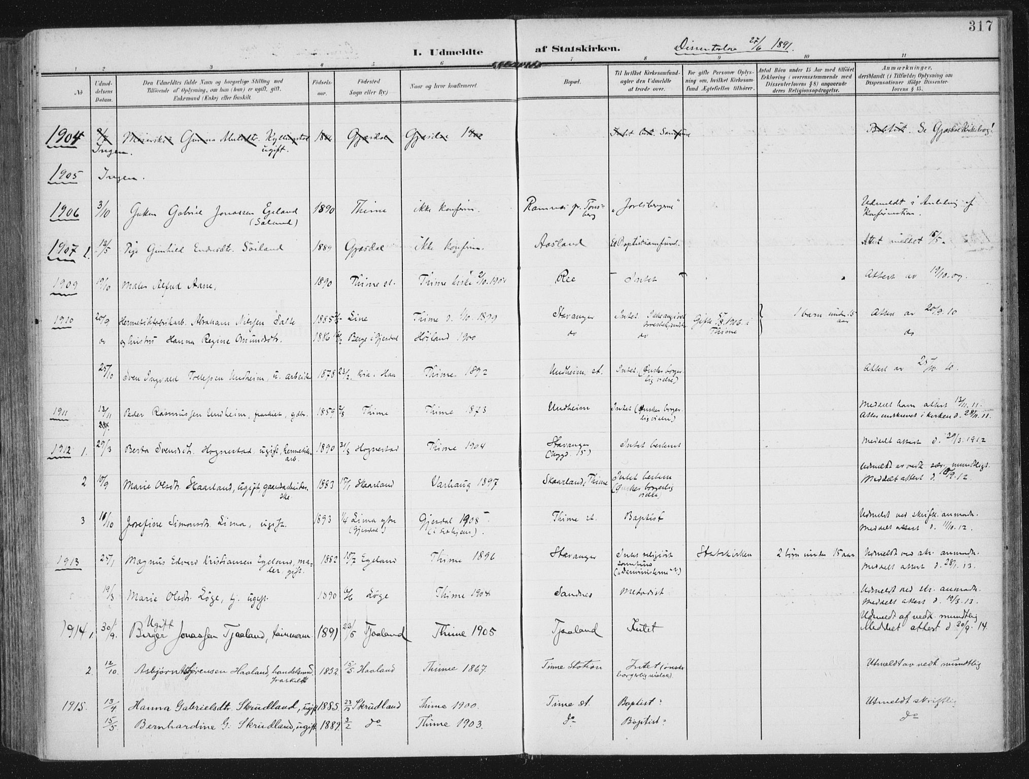 Lye sokneprestkontor, AV/SAST-A-101794/002/A/L0001: Parish register (official) no. A 12, 1904-1920, p. 317