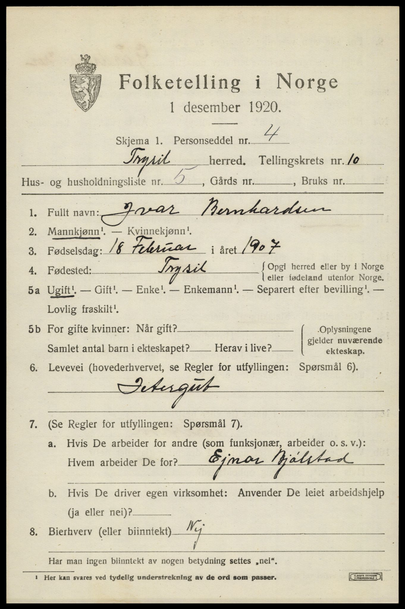 SAH, 1920 census for Trysil, 1920, p. 6917