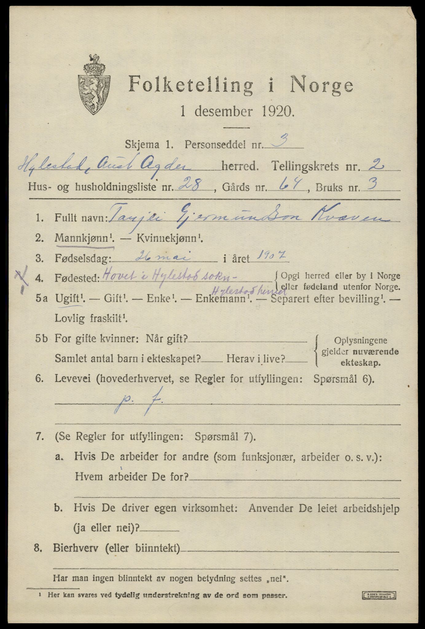 SAK, 1920 census for Hylestad, 1920, p. 762