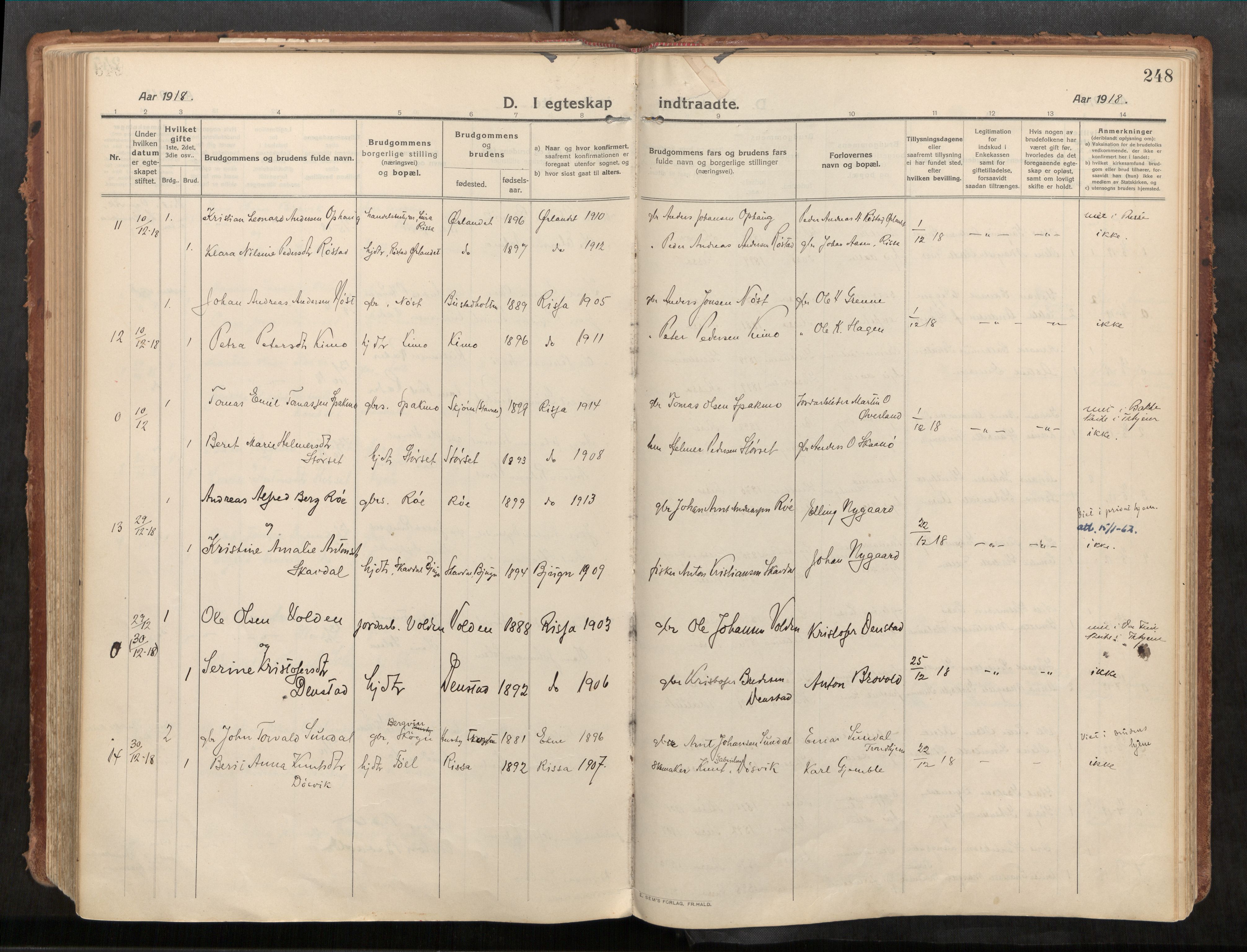 Stadsbygd sokneprestkontor, SAT/A-1117/1/I/I1/I1a/L0001: Parish register (official) no. 1, 1911-1929, p. 248