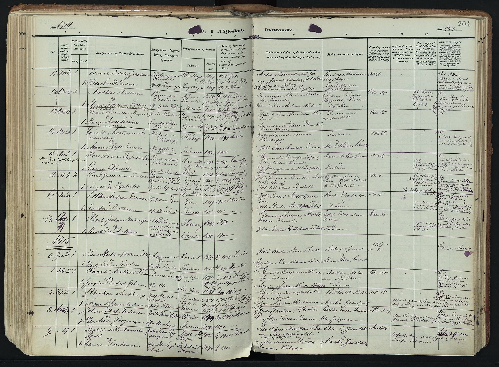 Hedrum kirkebøker, SAKO/A-344/F/Fa/L0010: Parish register (official) no. I 10, 1904-1918, p. 204