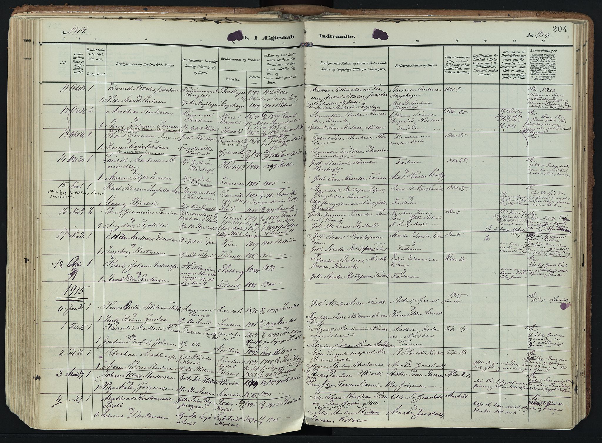 Hedrum kirkebøker, AV/SAKO-A-344/F/Fa/L0010: Parish register (official) no. I 10, 1904-1918, p. 204