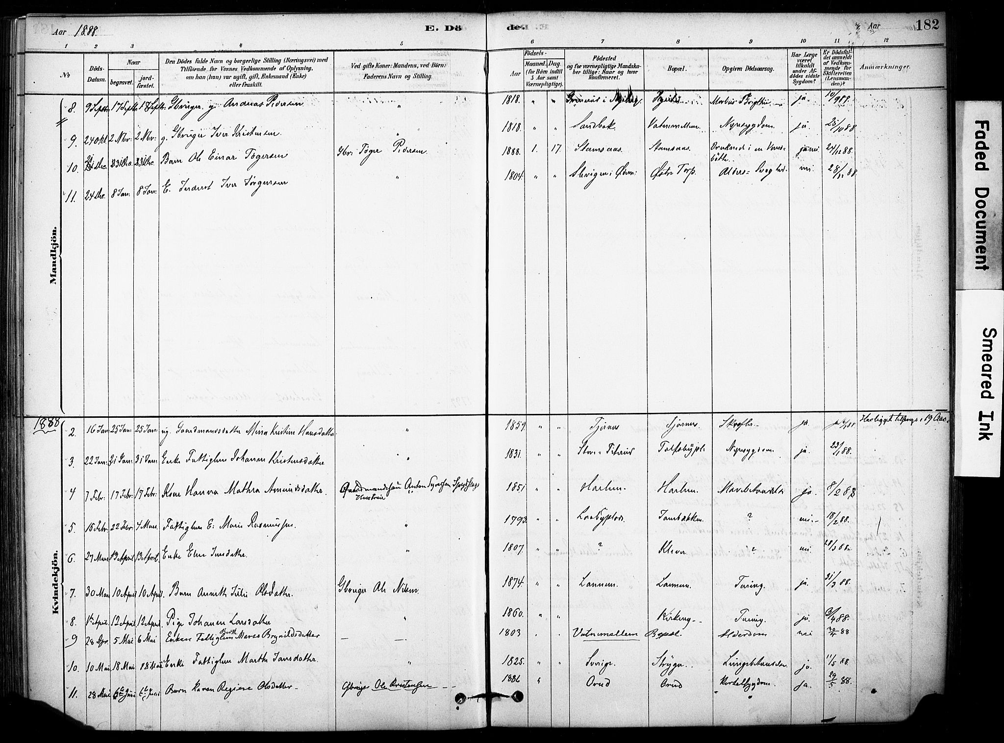 Rakkestad prestekontor Kirkebøker, AV/SAO-A-2008/F/Fb/L0001: Parish register (official) no. II 1, 1878-1899, p. 182