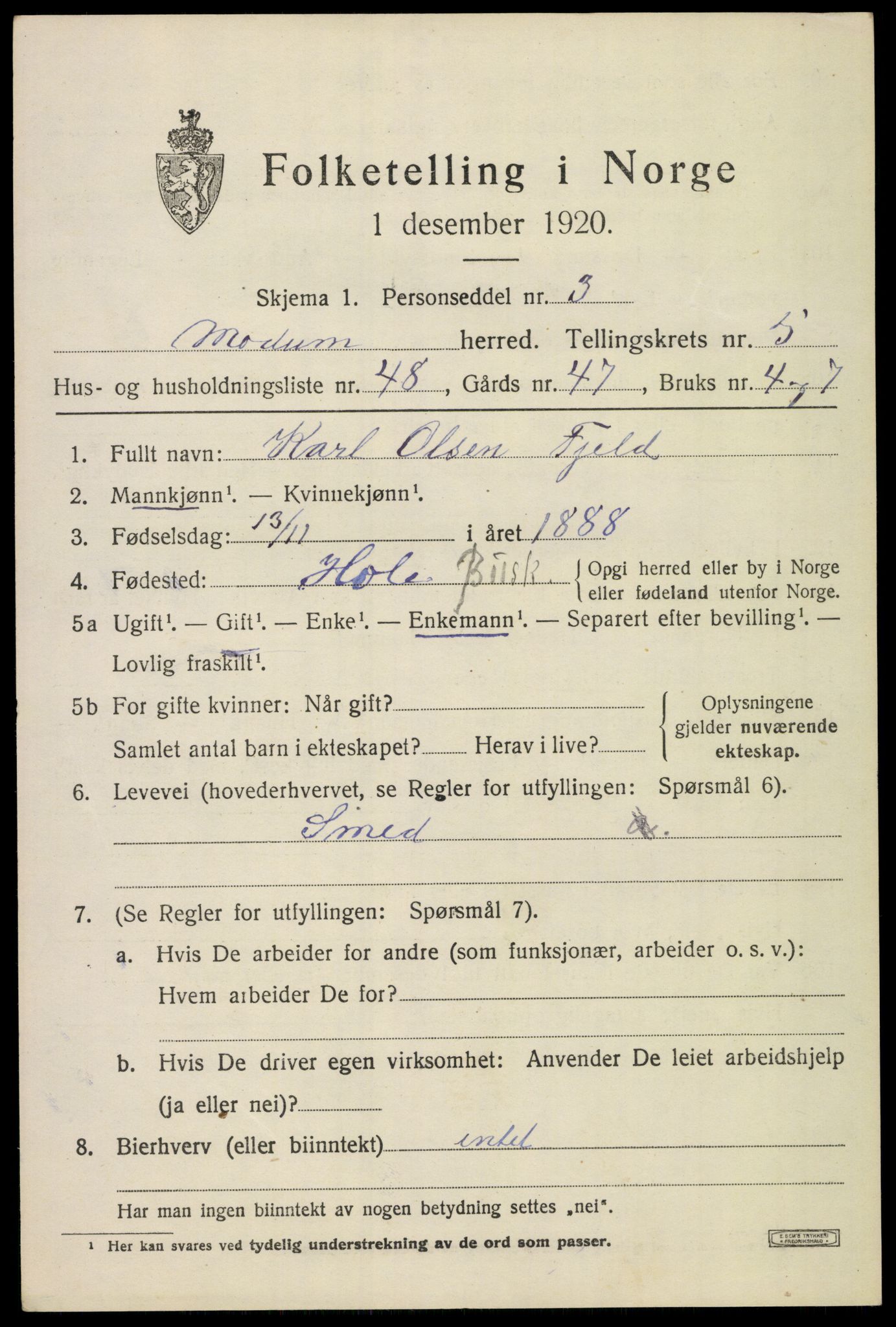 SAKO, 1920 census for Modum, 1920, p. 7071